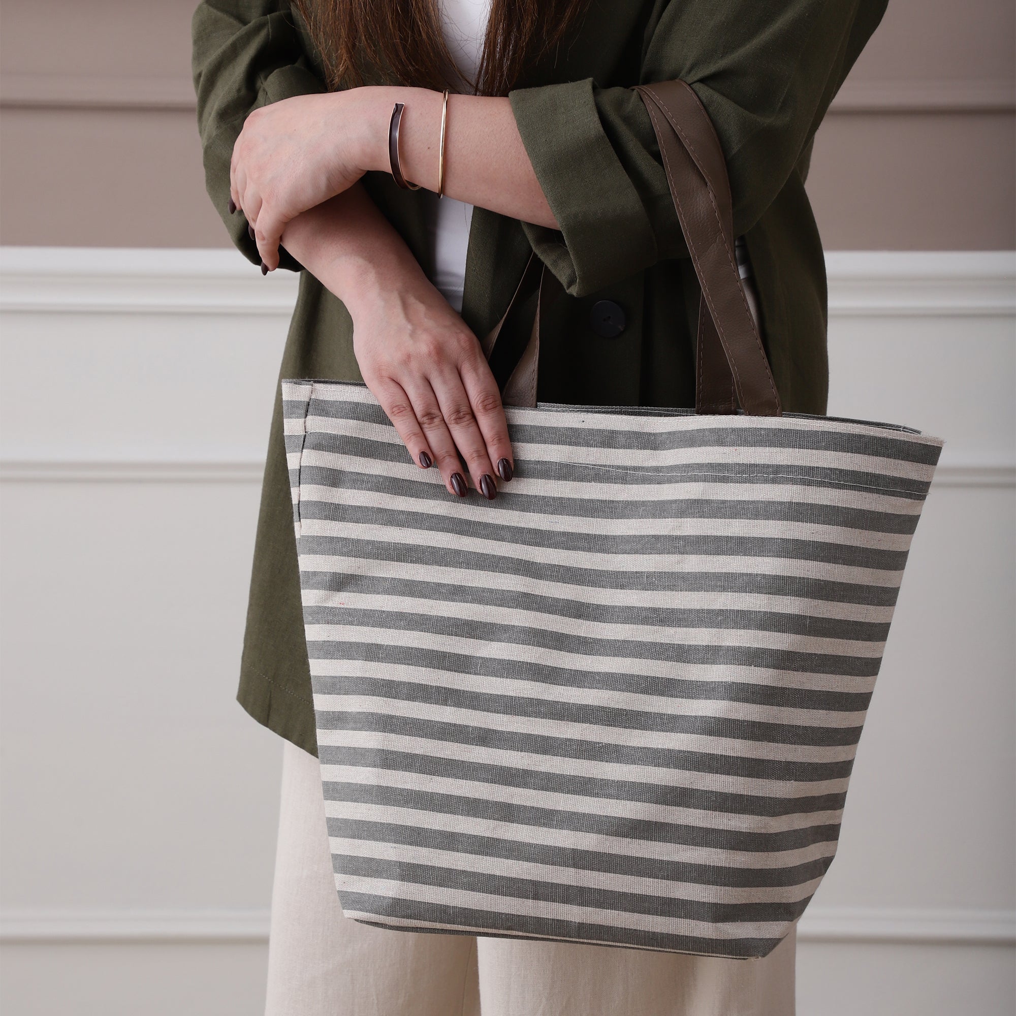 Grey Stripe CarryAll Tote with Leather Handles