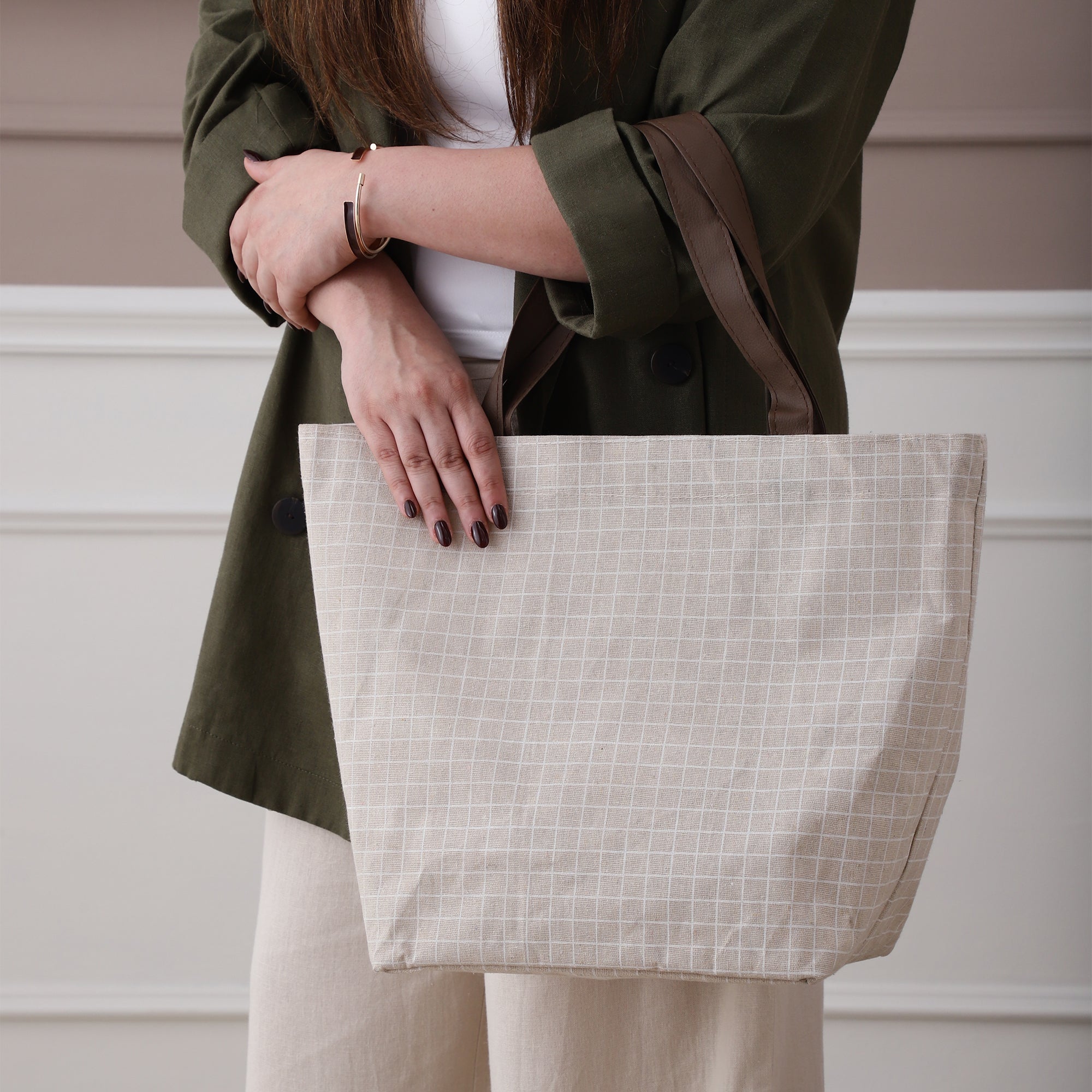 Beige Chequered CarryAll Tote with Leather Handles
