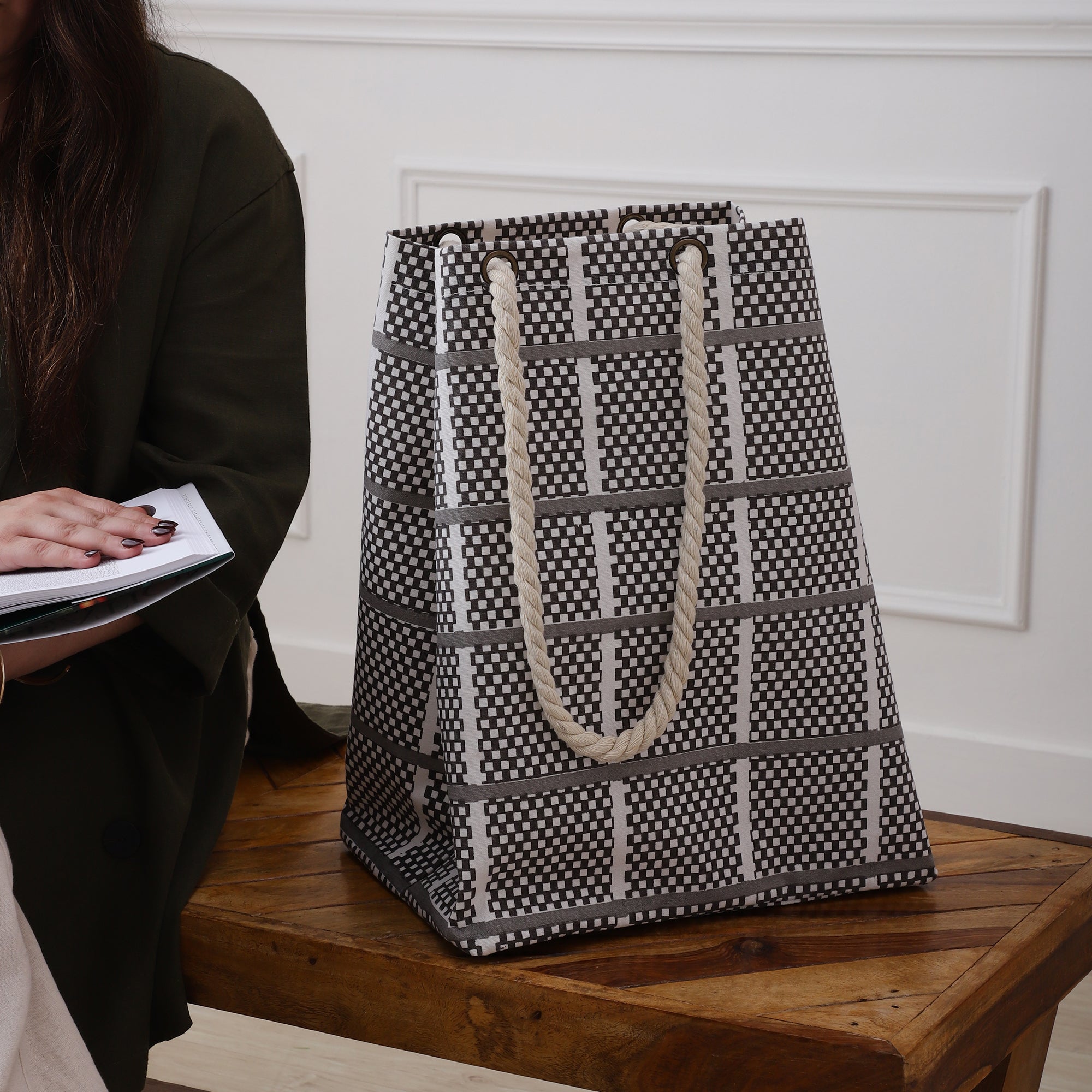 Geometric Grid Tote with Braided Rope Handles