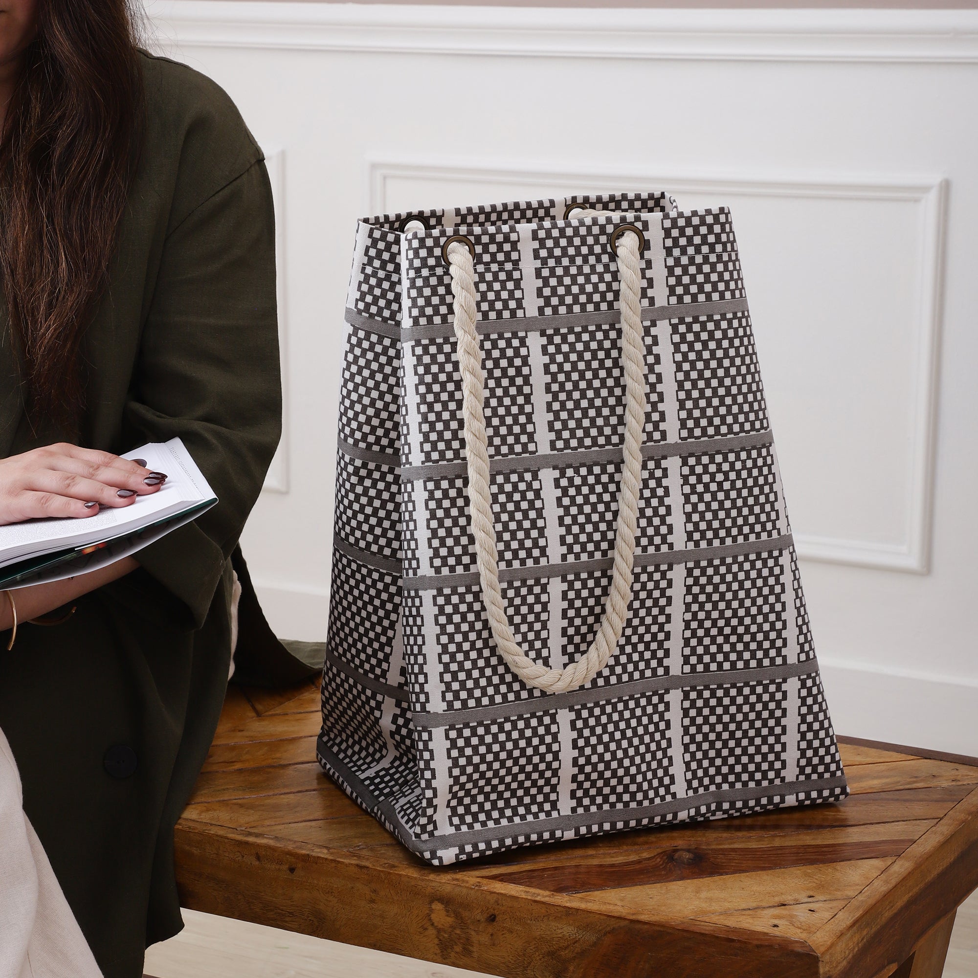 Geometric Grid Tote with Braided Rope Handles