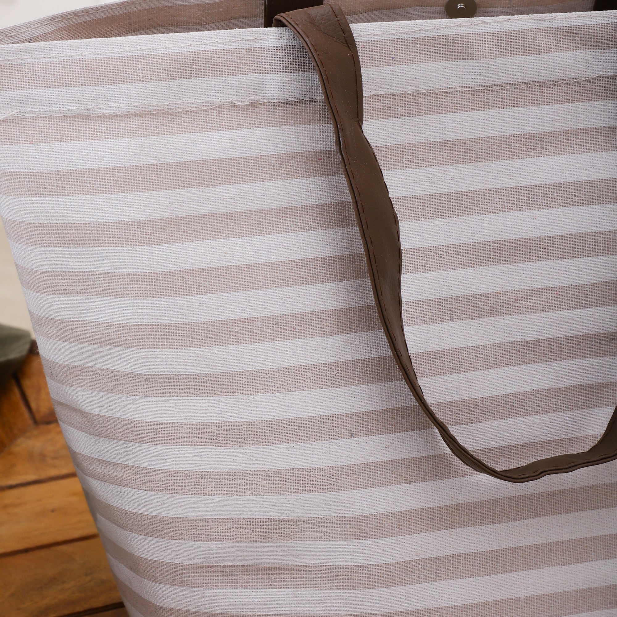 Beige Stripe CarryAll Tote with Leather Handles