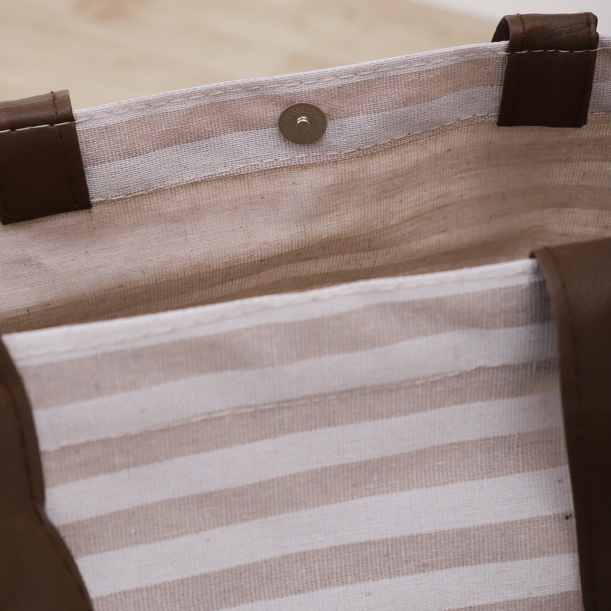 Beige Stripe CarryAll Tote with Leather Handles