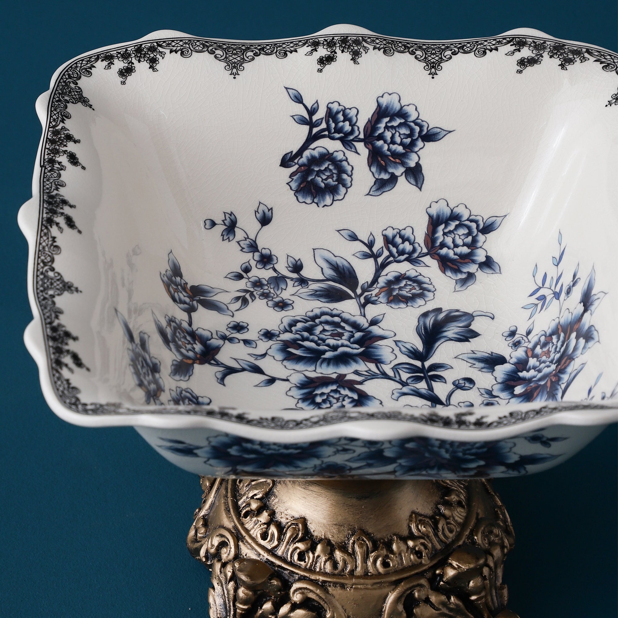 Blue Square Ceramic Bowl With Gold Base