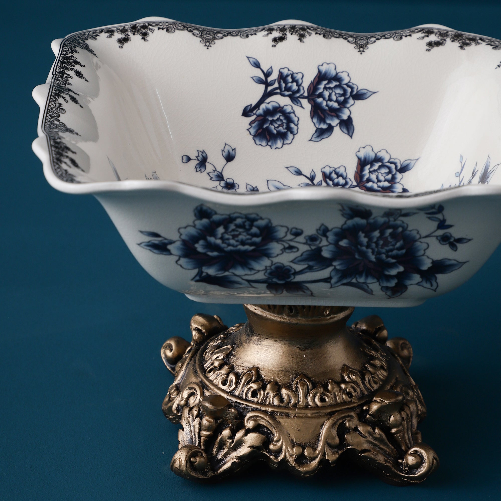 Blue Square Ceramic Bowl With Gold Base