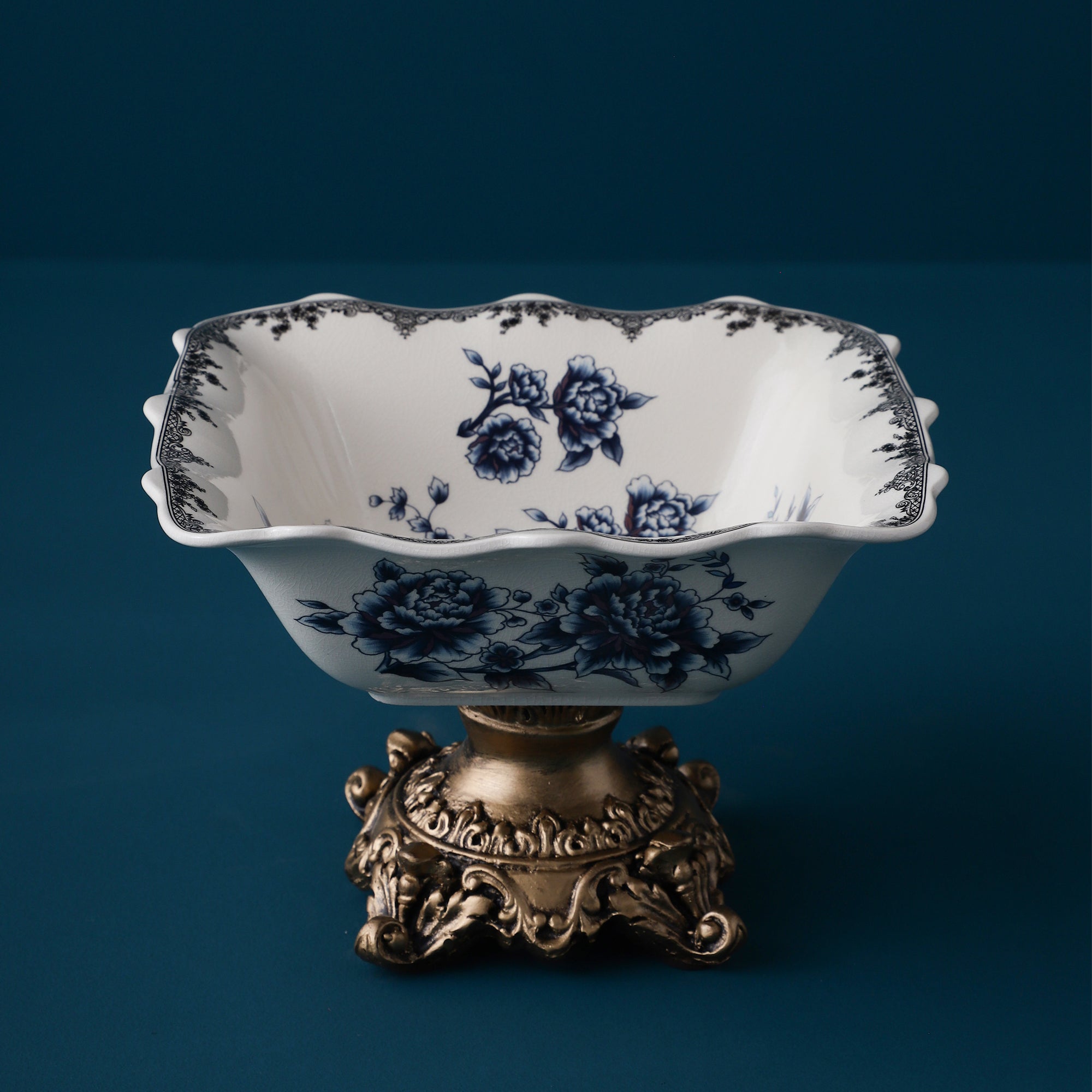 Blue Square Ceramic Bowl With Gold Base