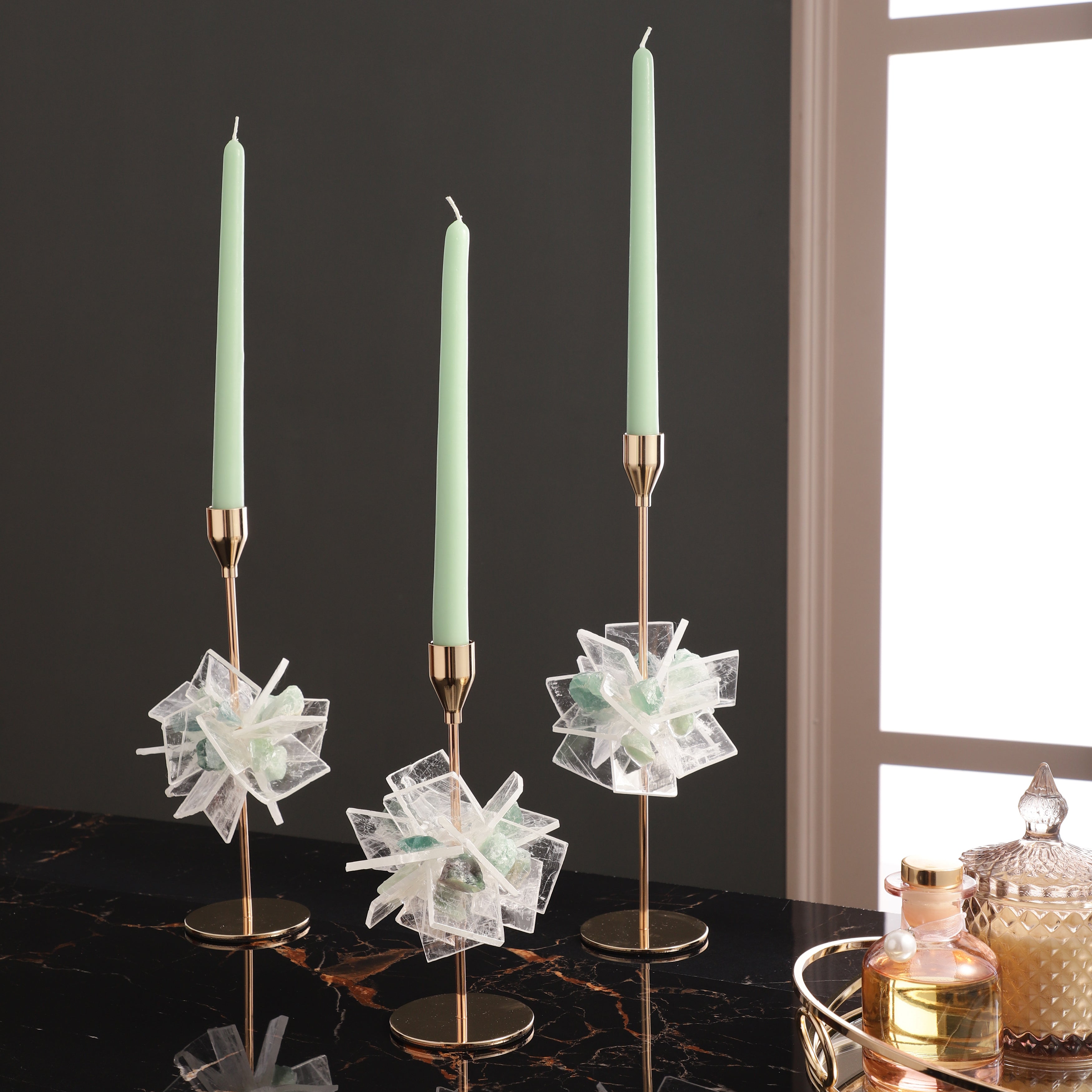Green & White Crystal Candle Stand (Single)