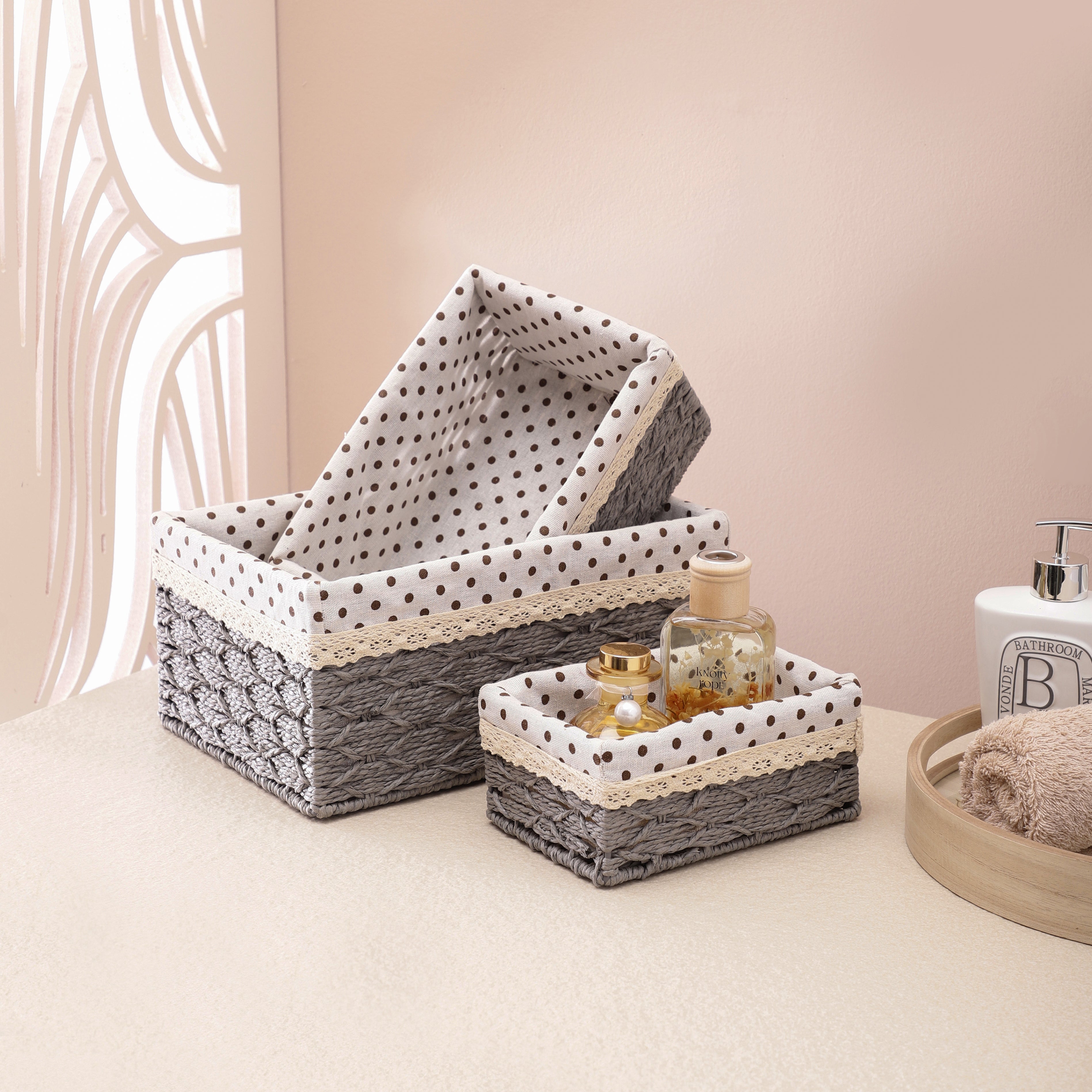 Woven Wicker Lined Storage Baskets (Set of 3) - Grey