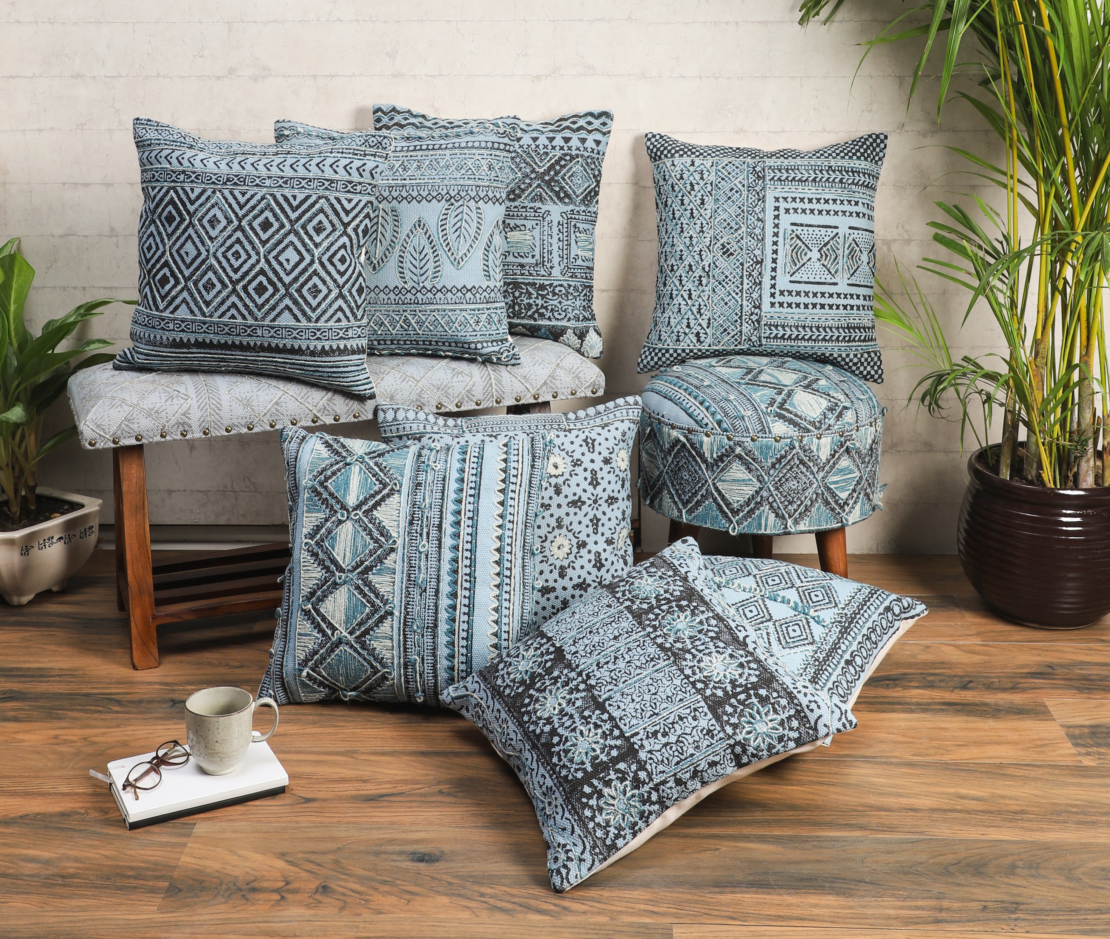 Embroidered Contemporary Cushion Cover (Blue Panel)