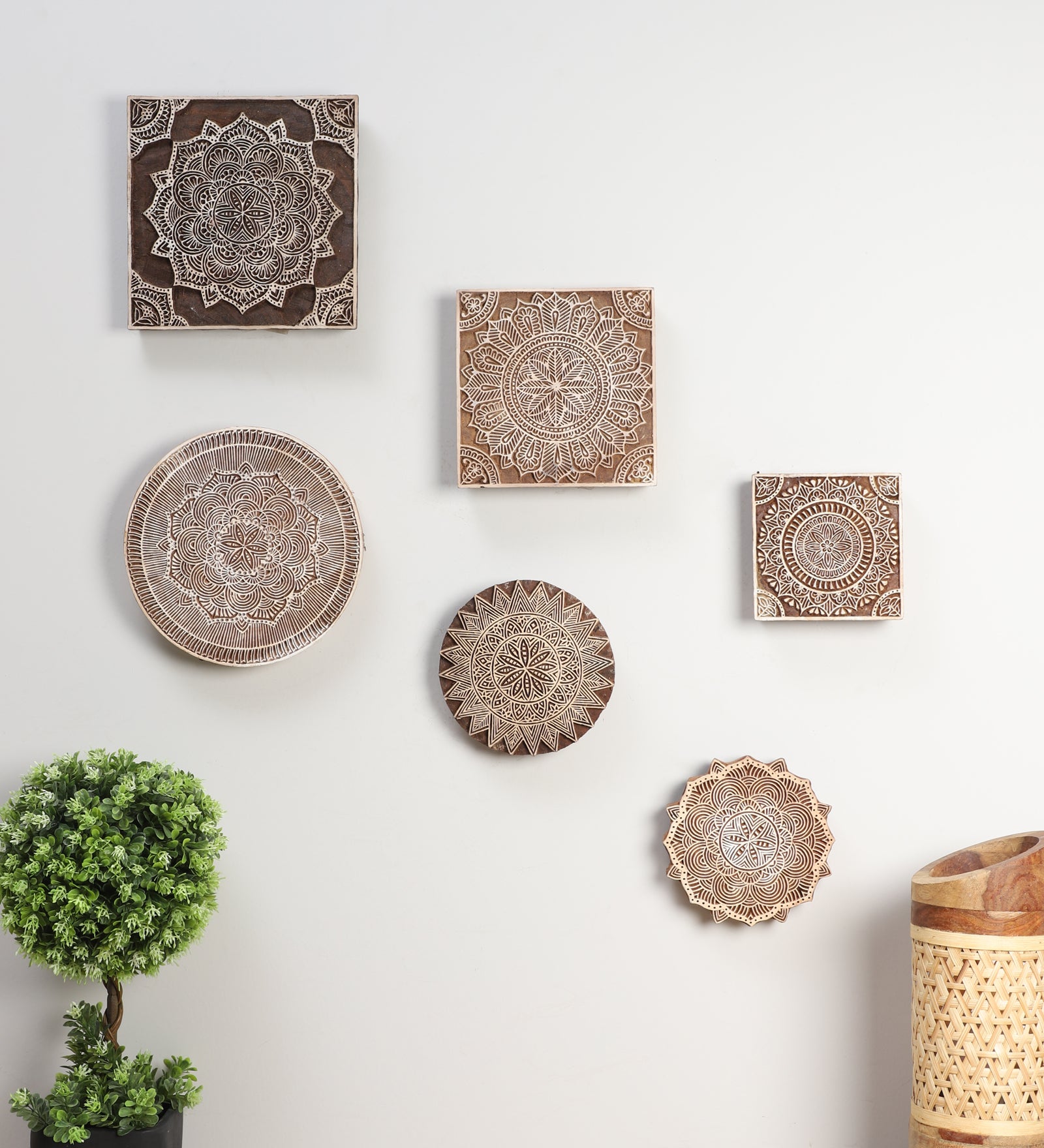 Verdant Motifs - Handcarved Wood Wall Hanging (set of 6)