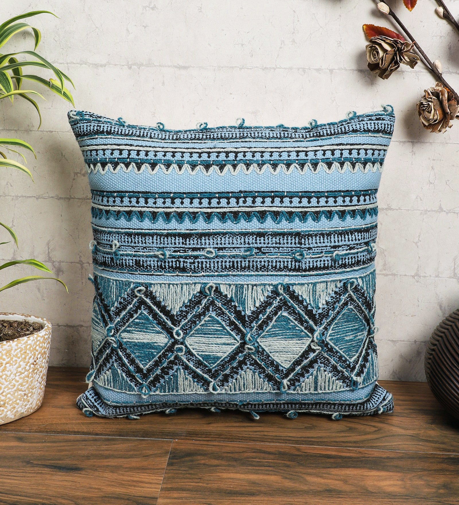 Embroidered Contemporary Cushion Cover (Blue Geometric)