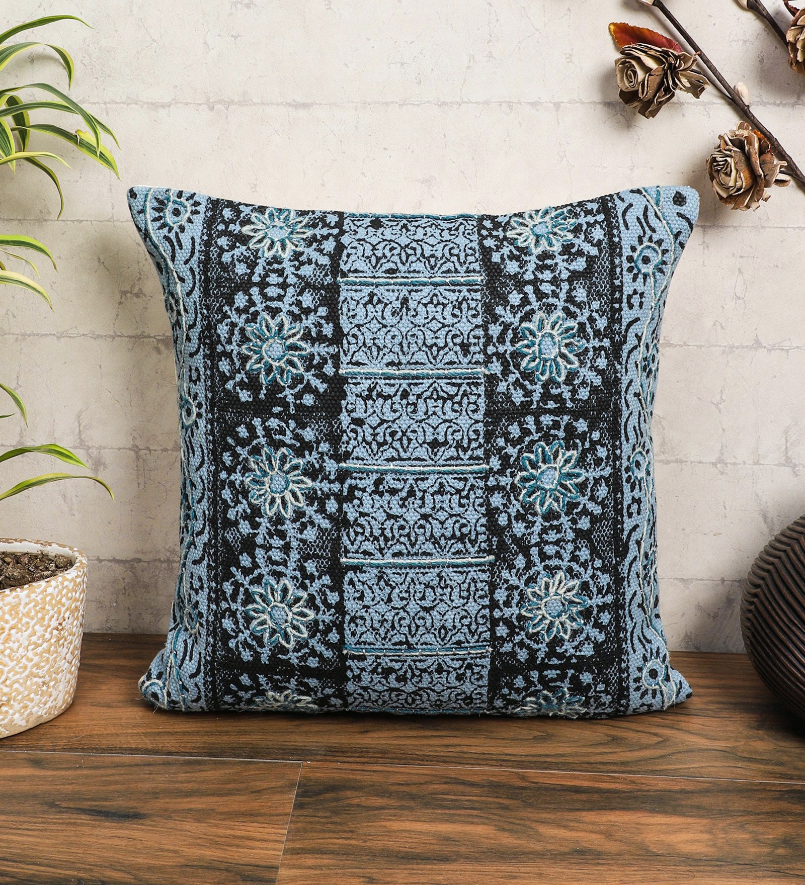Embroidered Contemporary Cushion Cover (Blue Panel)
