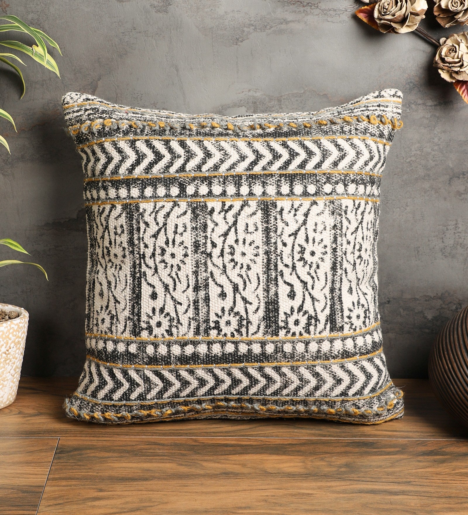 Embroidered Contemporary Cushion Cover (Black-Beige Arrow)