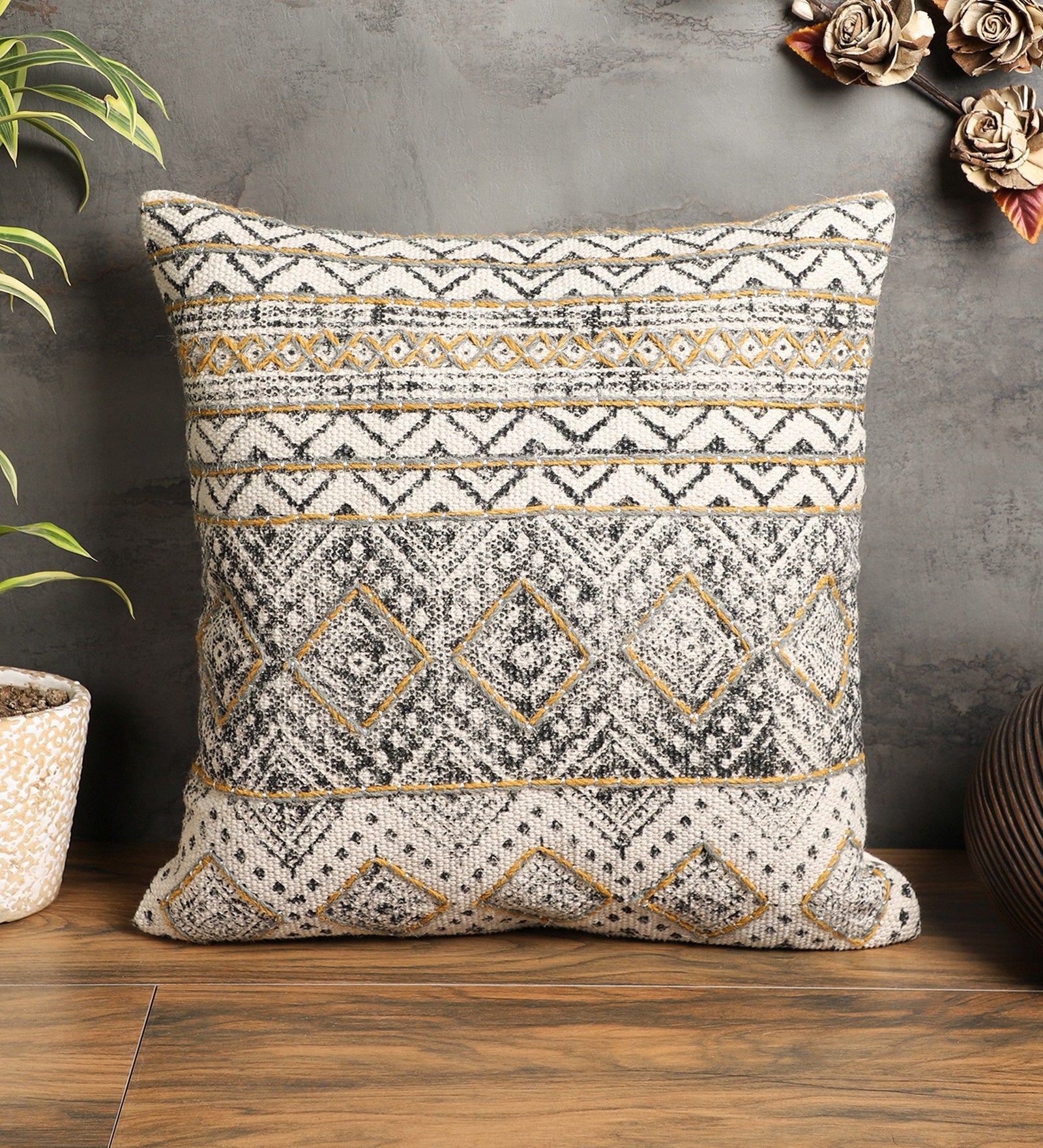 Embroidered Contemporary Cushion Cover (Black-Beige Geometric)