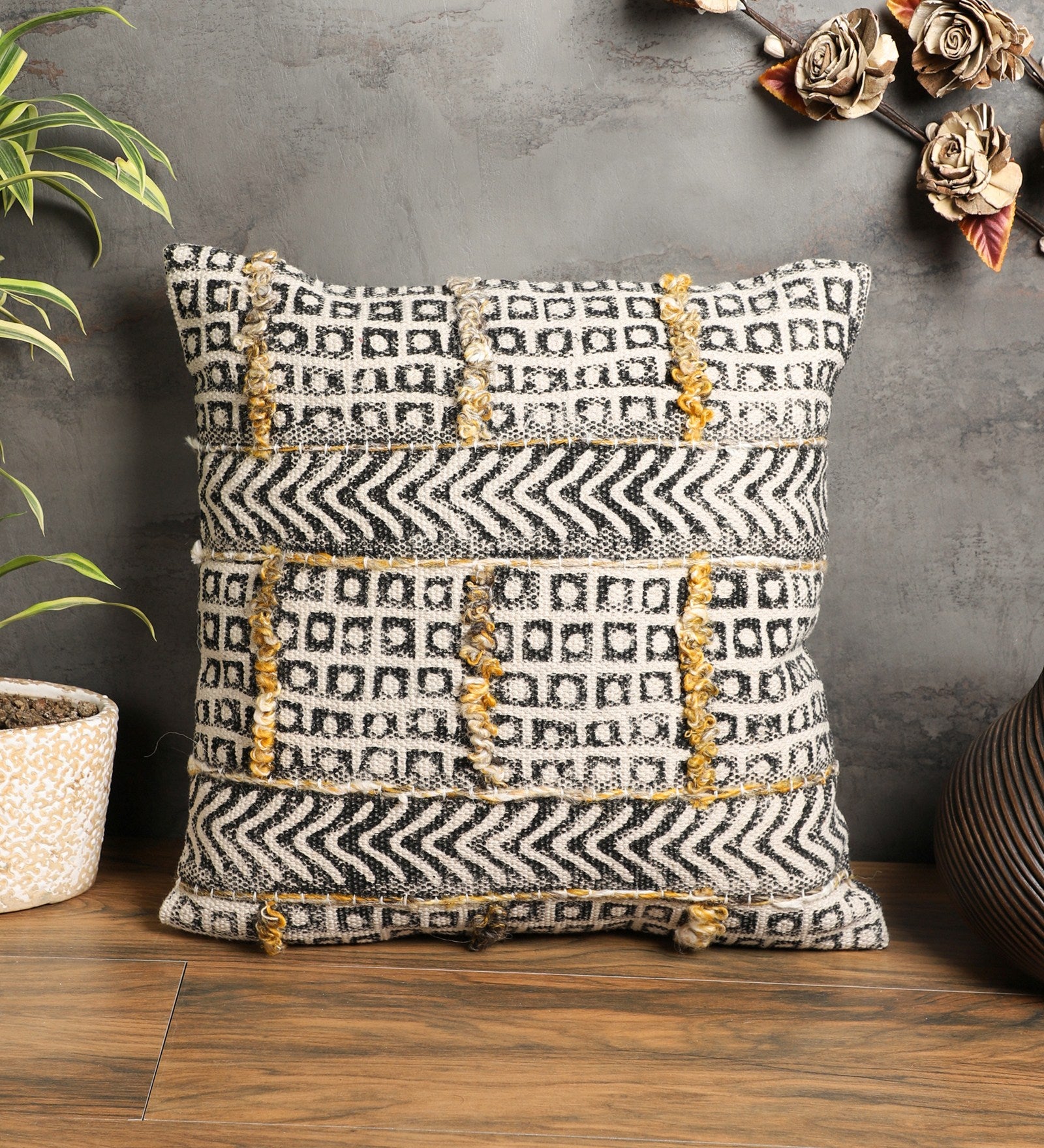 Embroidered Contemporary Cushion Cover (Black-Beige Square)