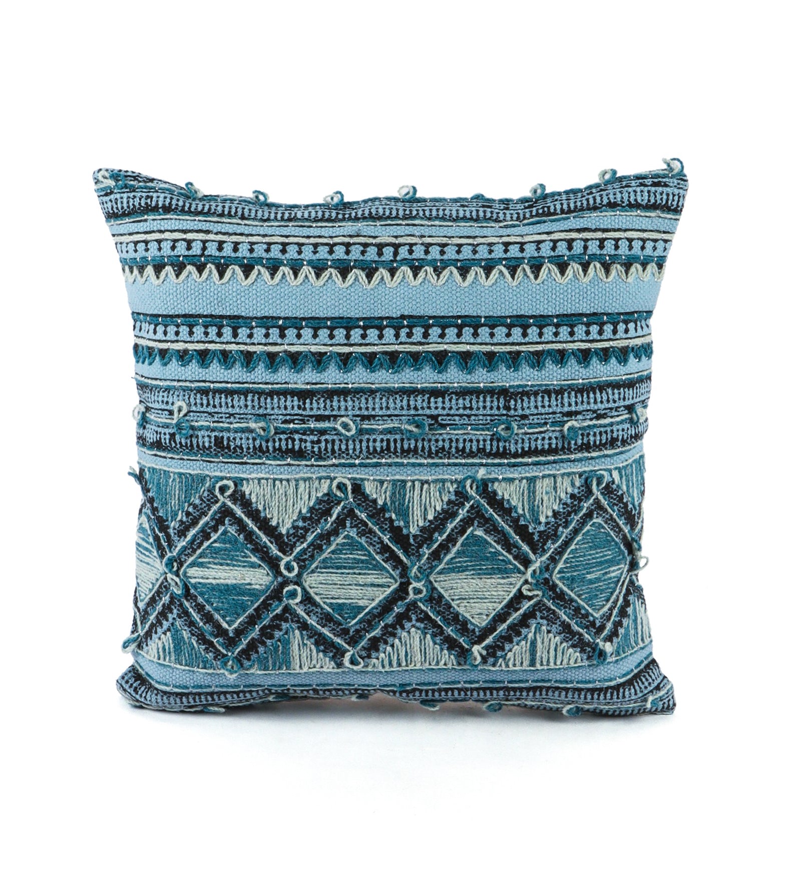 Embroidered Contemporary Cushion Cover (Blue Geometric)