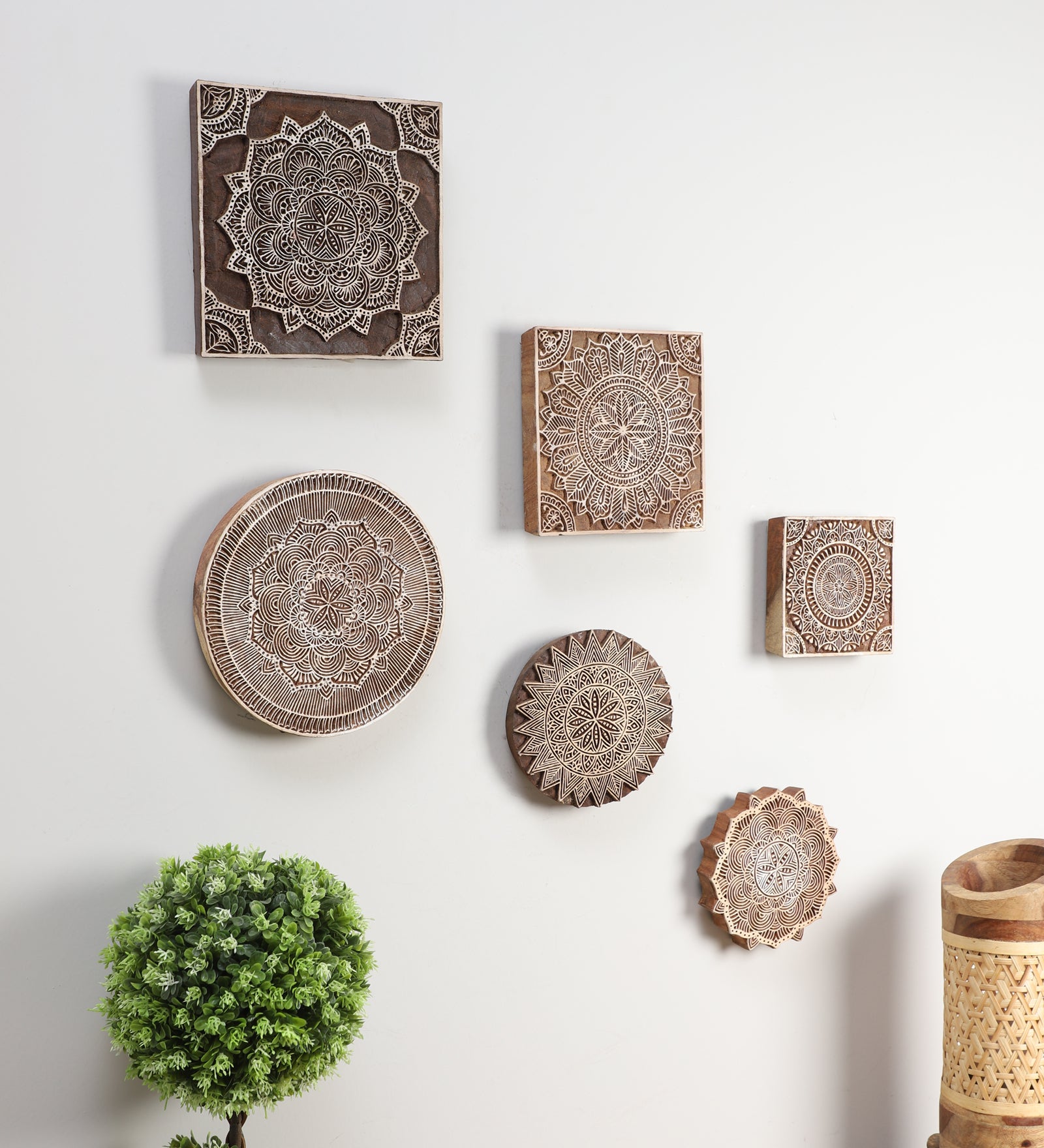 Verdant Motifs - Handcarved Wood Wall Hanging (set of 6)