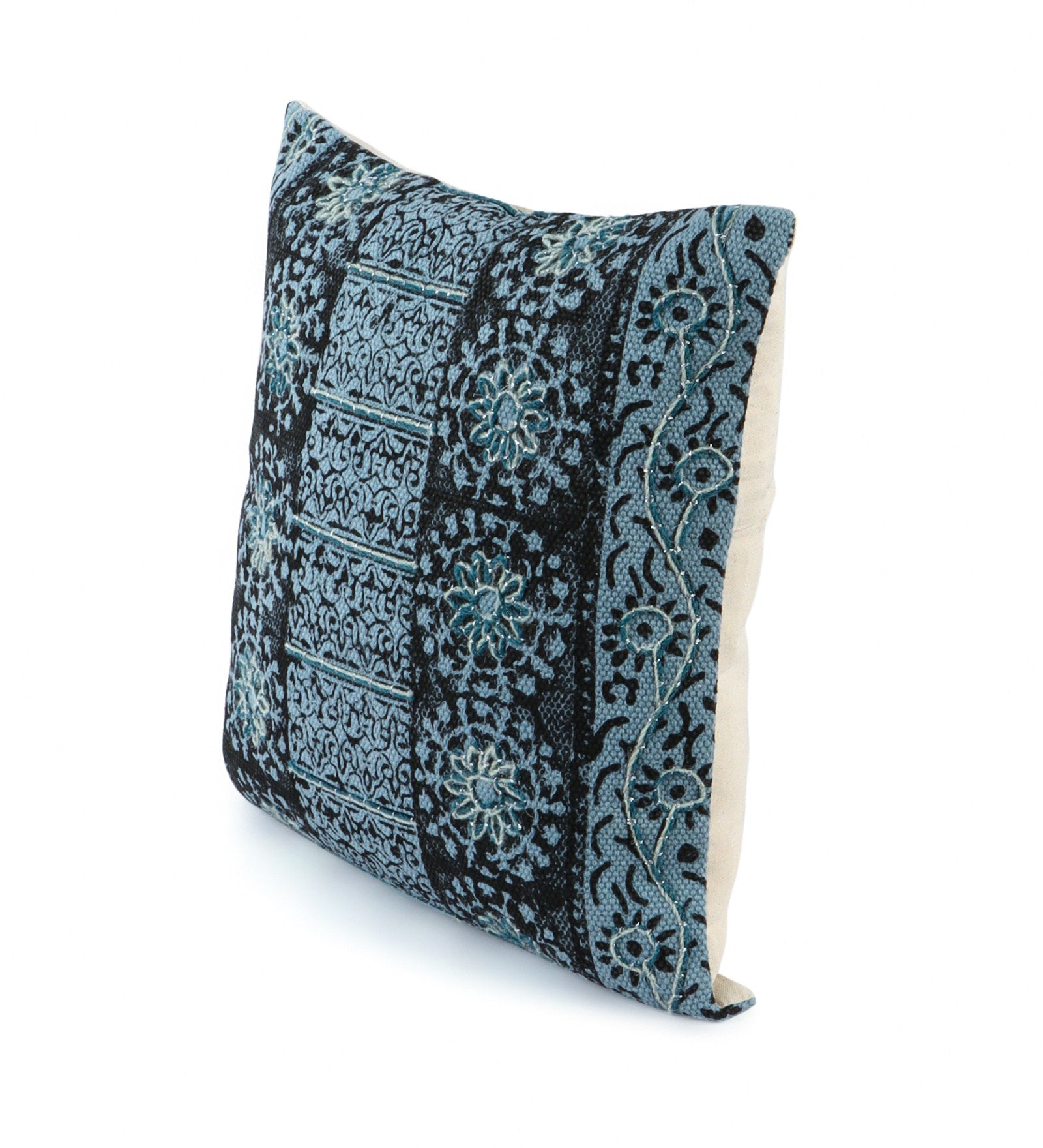 Embroidered Contemporary Cushion Cover (Blue Panel)