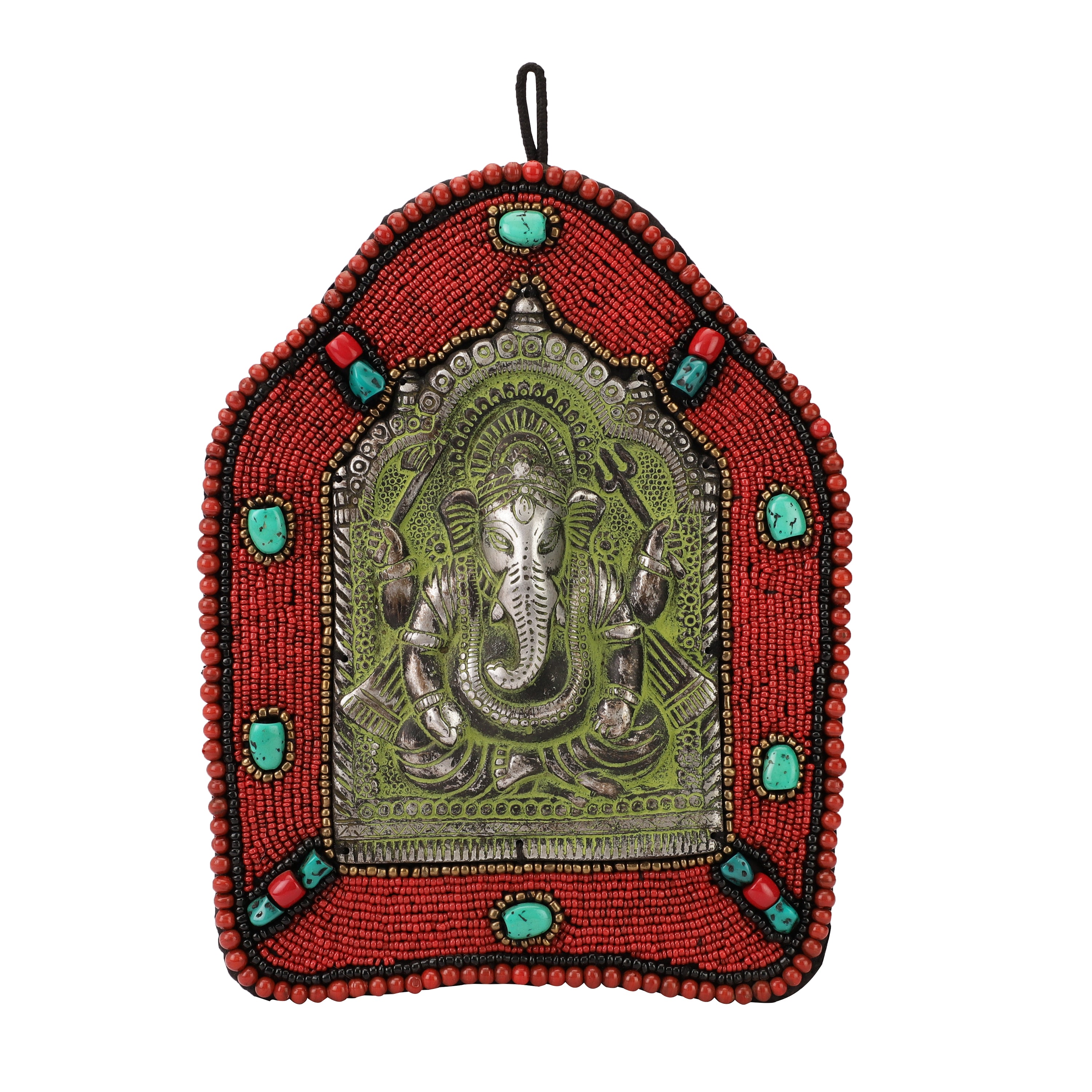 Red Beads and Stone Ganesh Mandir Metal Wall Art