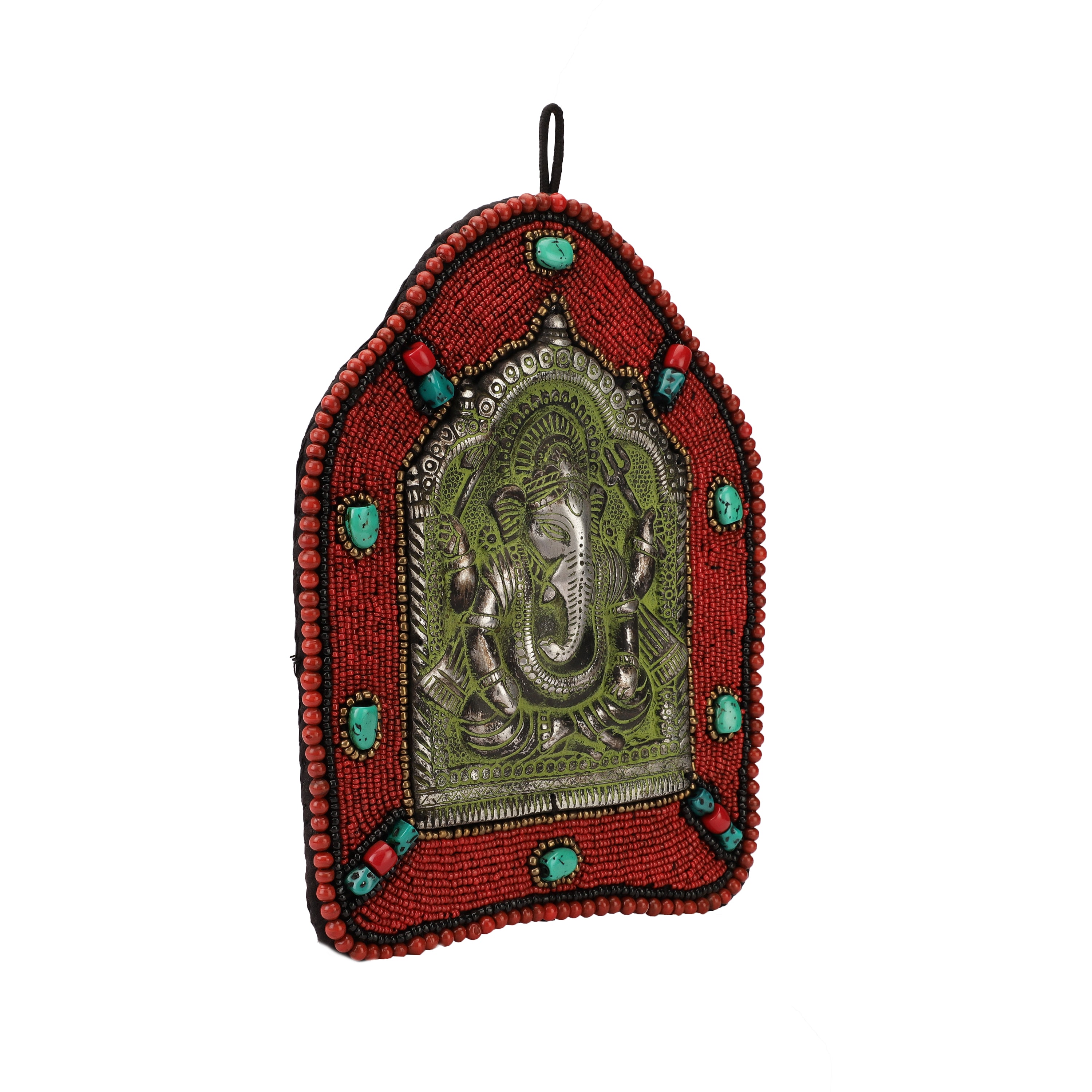 Red Beads and Stone Ganesh Mandir Metal Wall Art