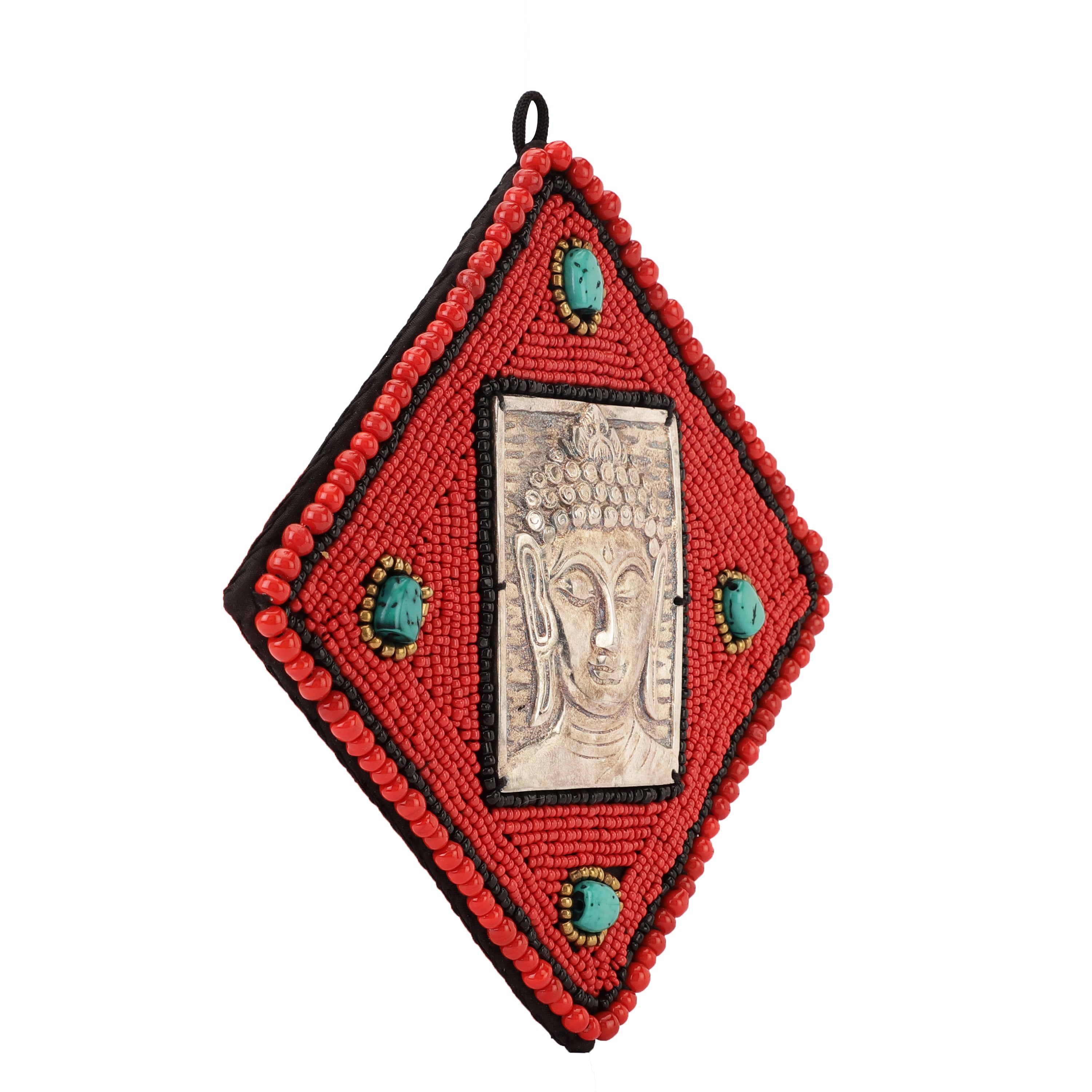 Red Beads and Stone Square Buddha Metal Wall Art