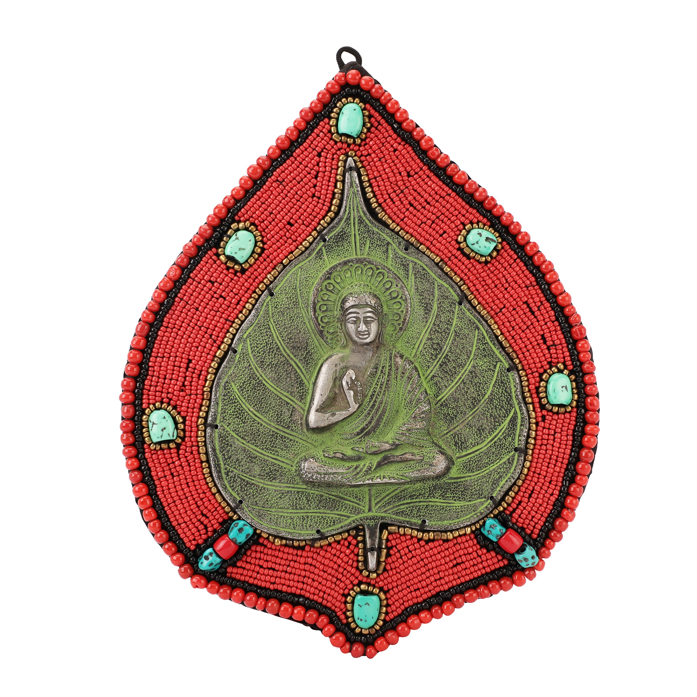 Red Beads and Stone Leaf Buddha Metal Wall Art
