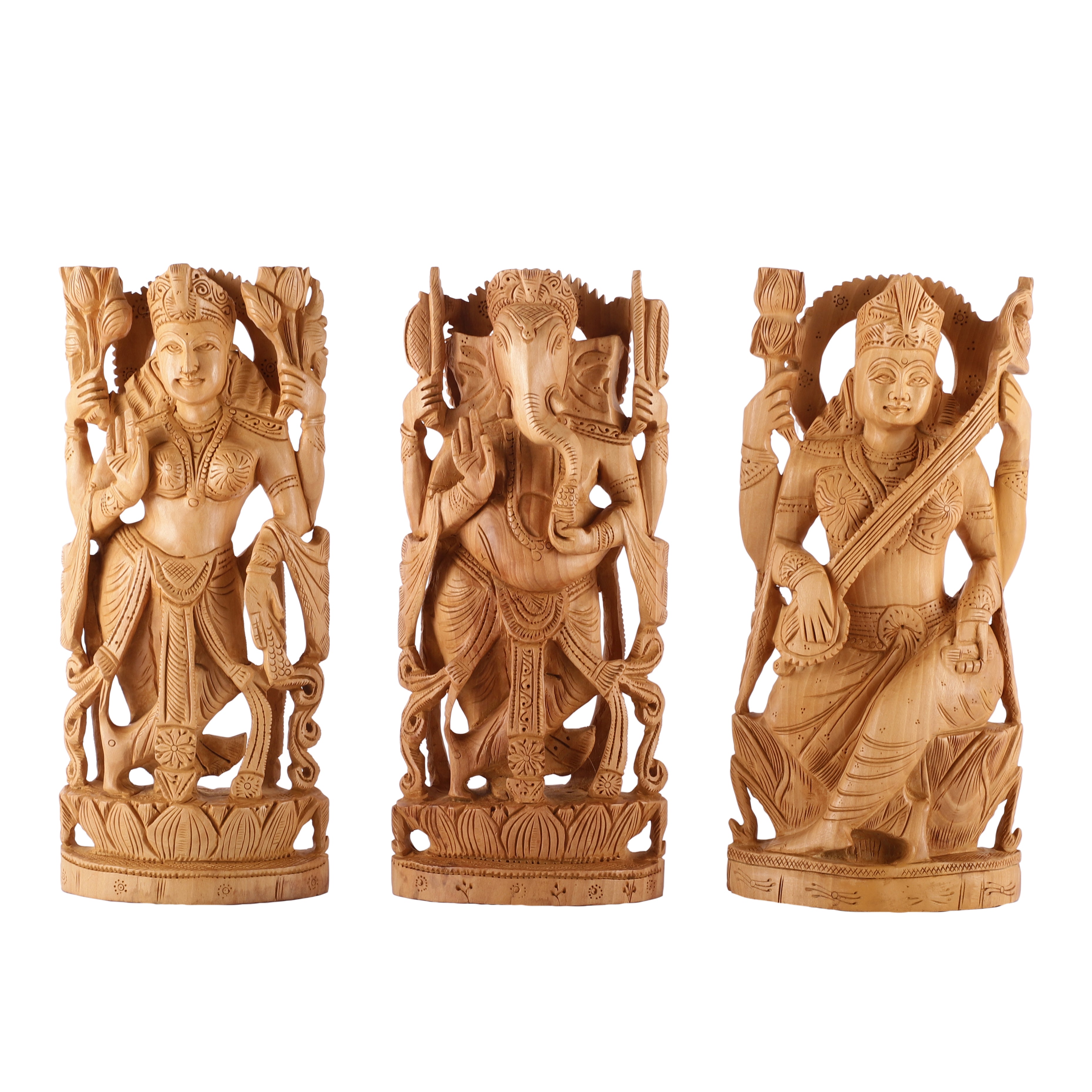 Ganesh Lakshmi Saraswati Wooden Carved Idols (Single)