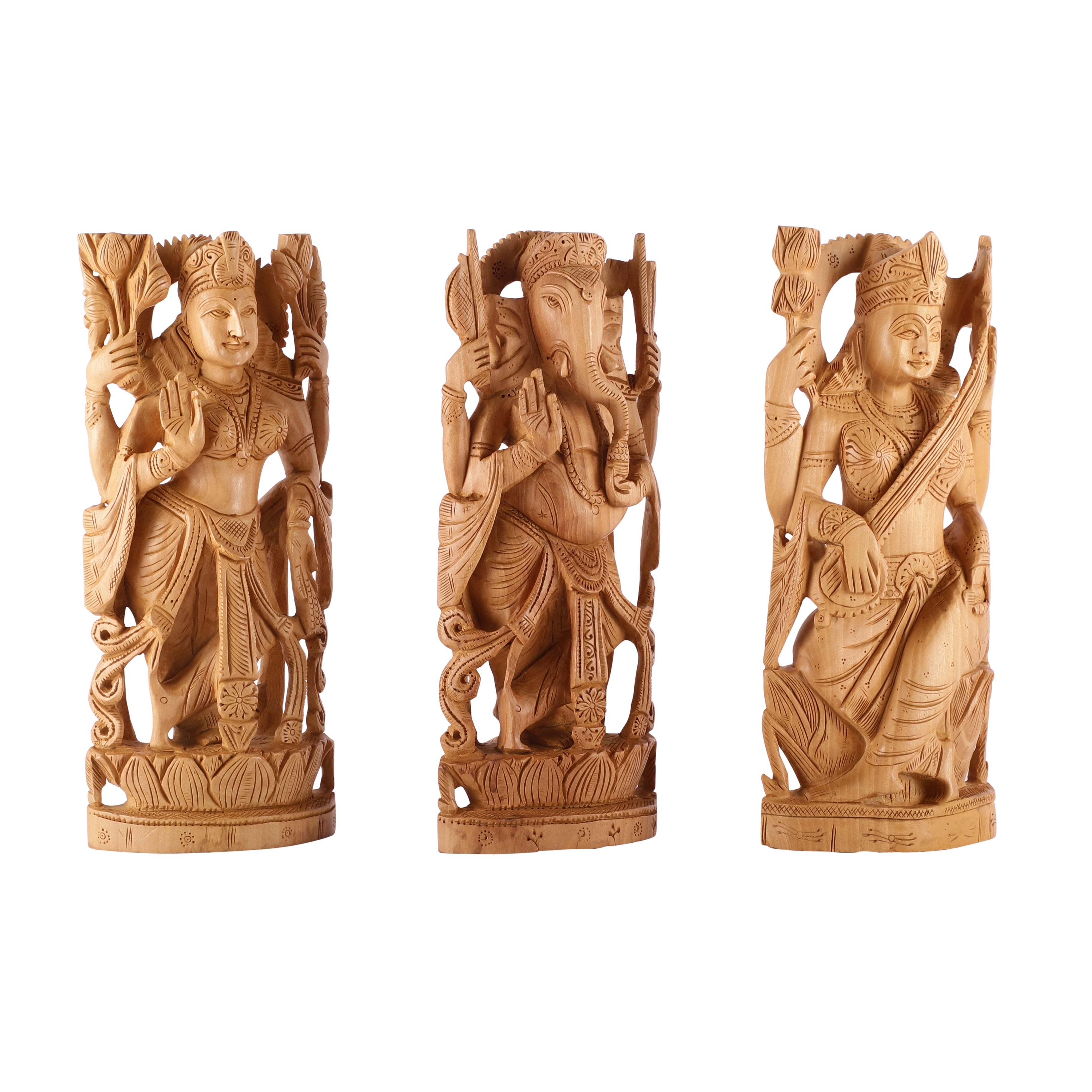 Ganesh Lakshmi Saraswati Wooden Carved Idols (Single)