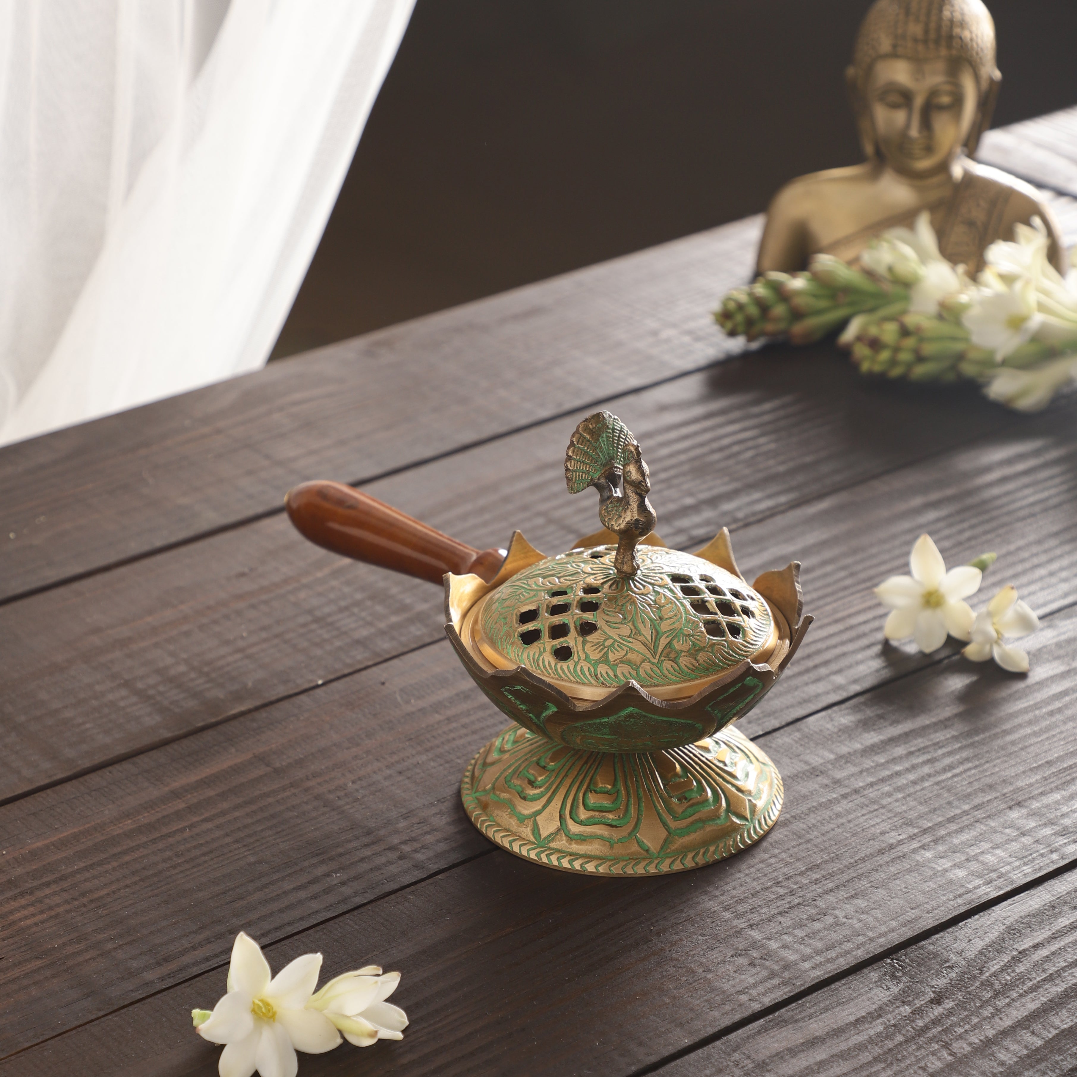 Wooden Handle Peacock Incense Holder