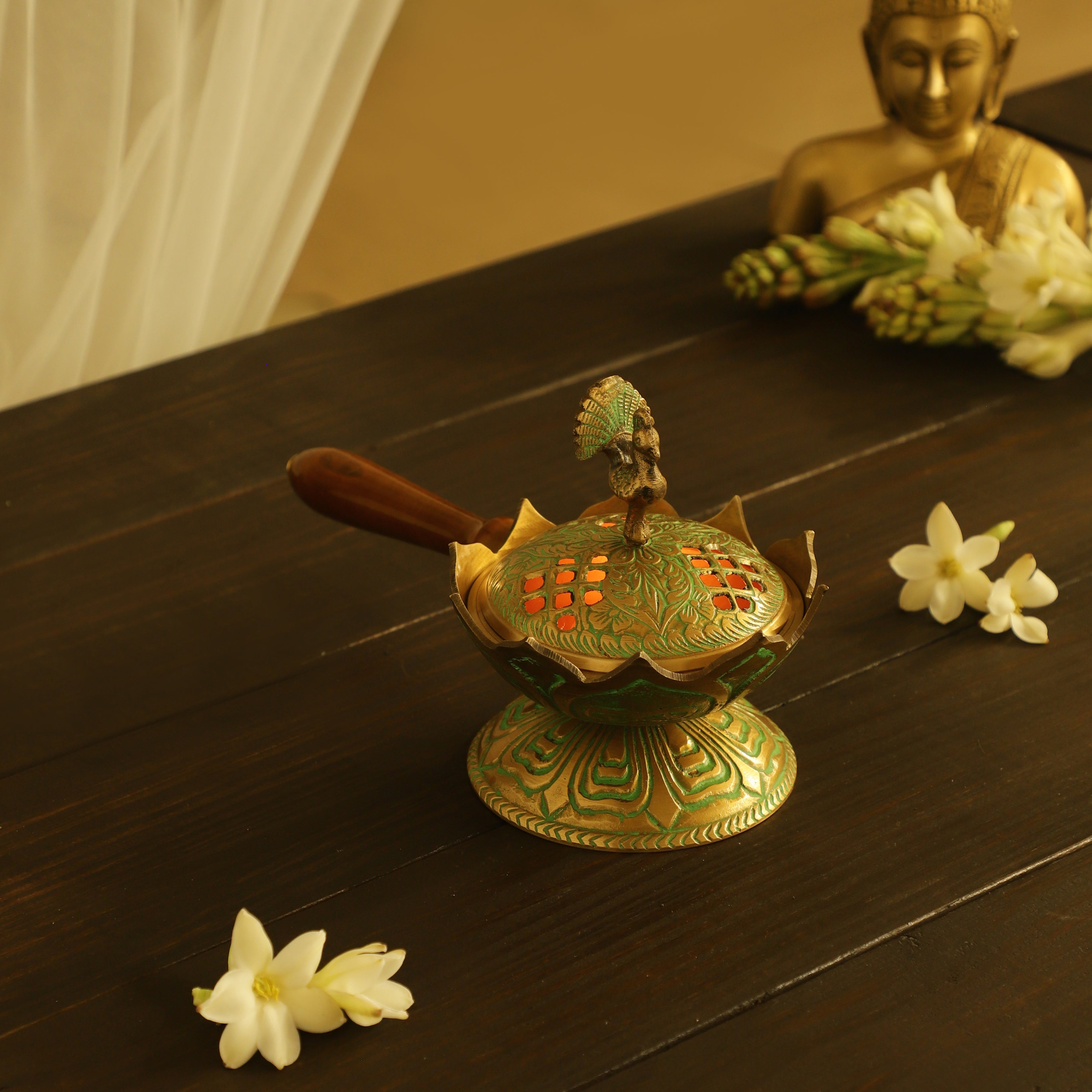 Wooden Handle Peacock Incense Holder