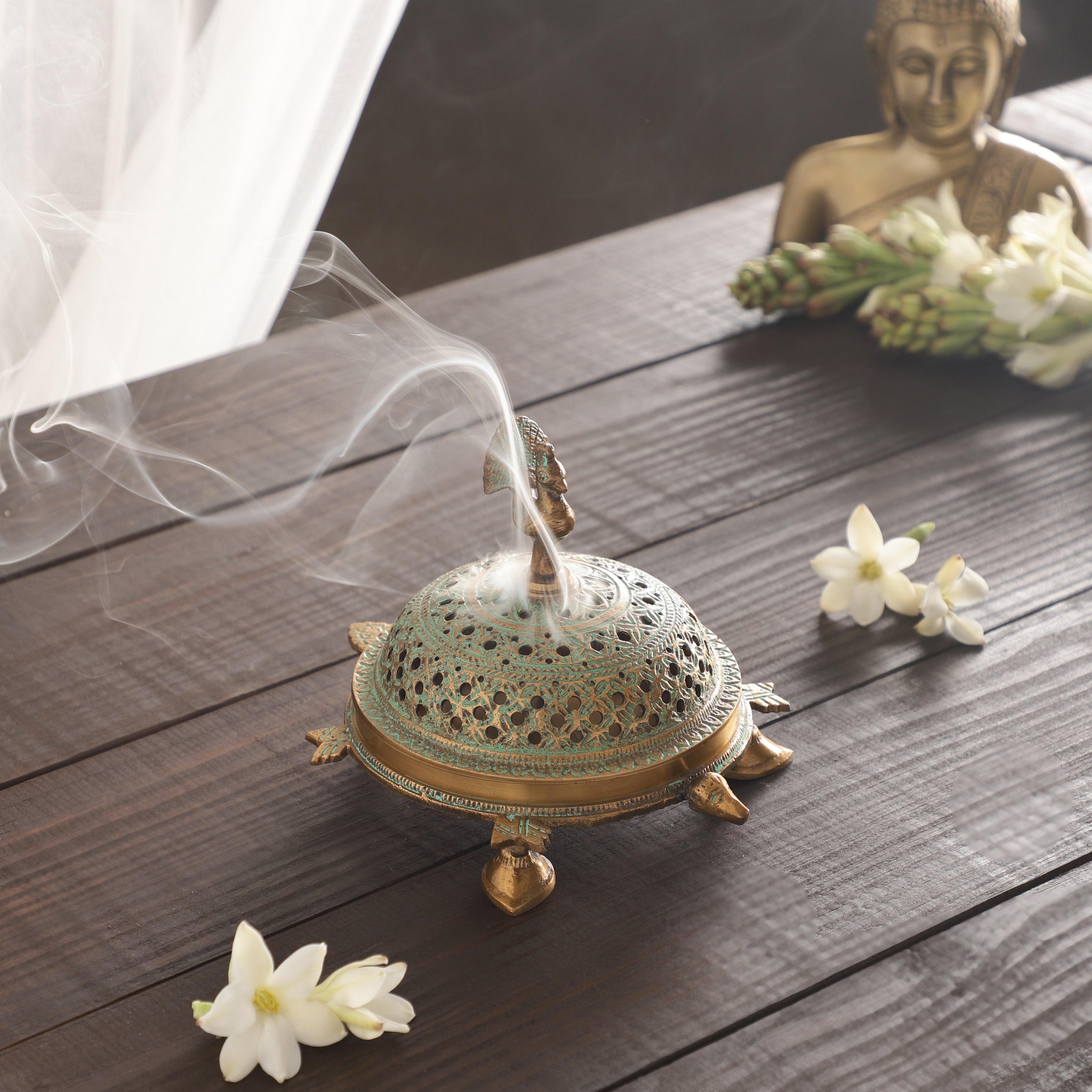 Turtle Back Incense Holder (Green/Gold)