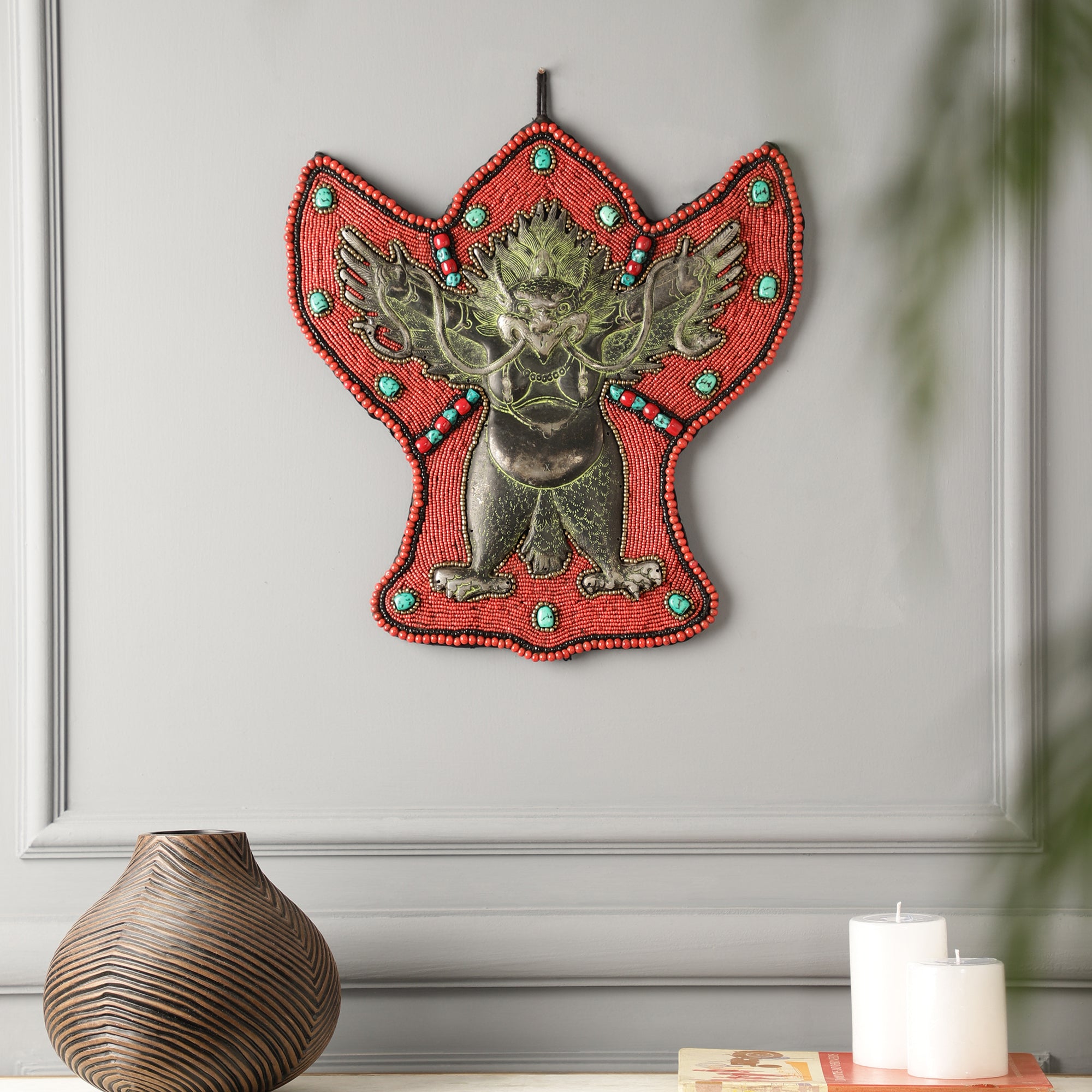 Red Beads and Stone Garuda Metal Wall Art