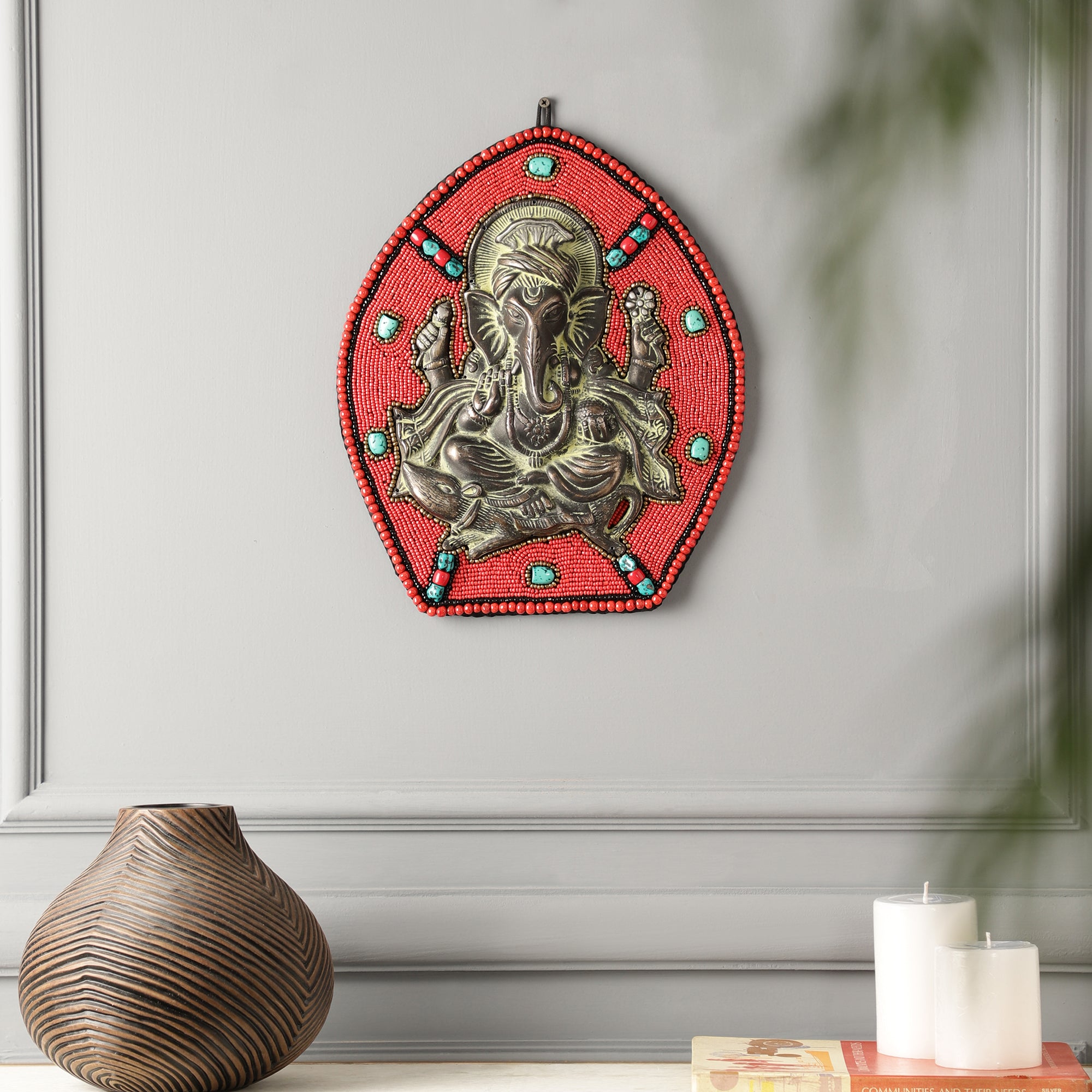 Red Beads and Stone Ganesh Metal Wall Art