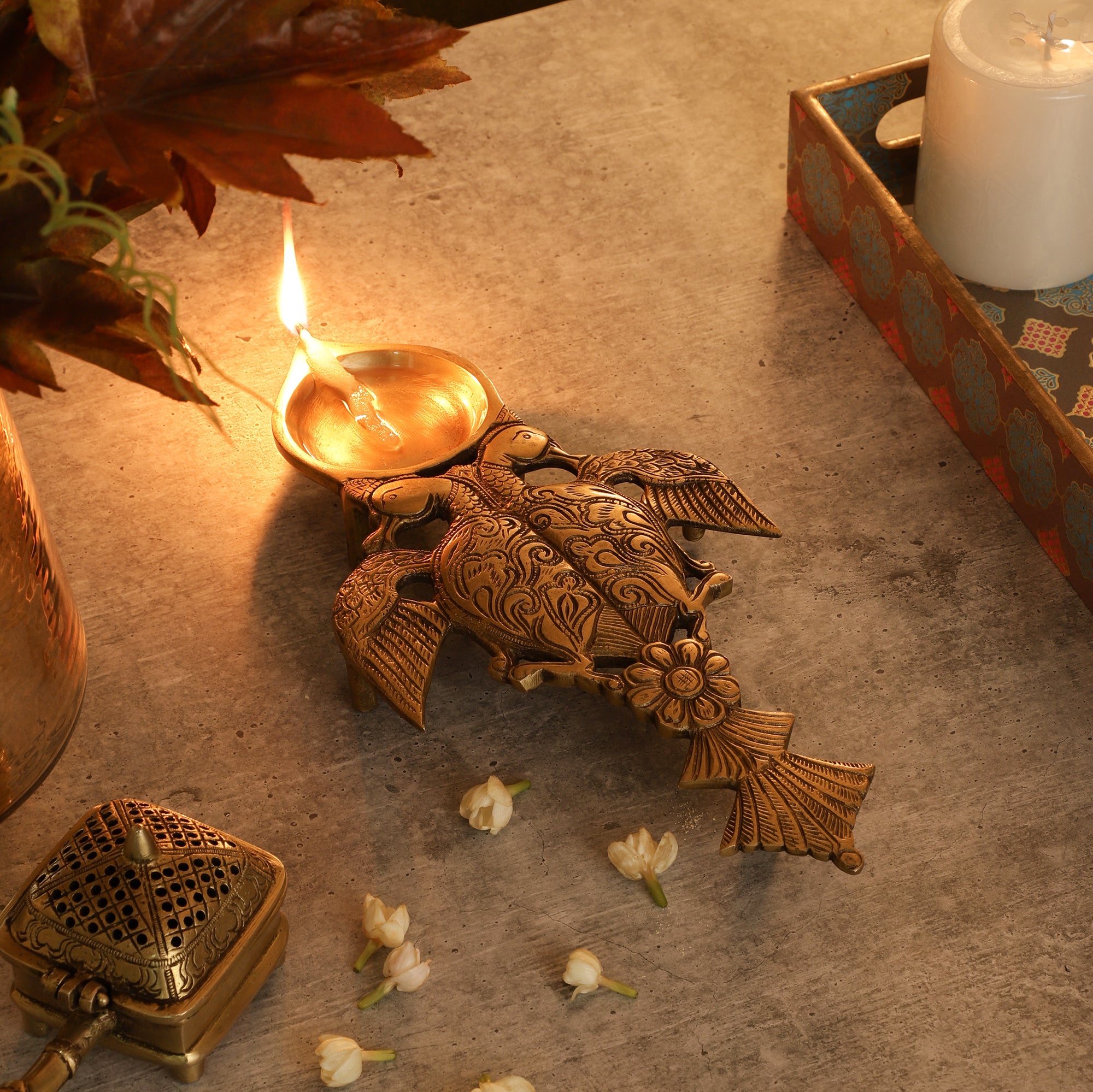 Peacock Brass Oil Lamp