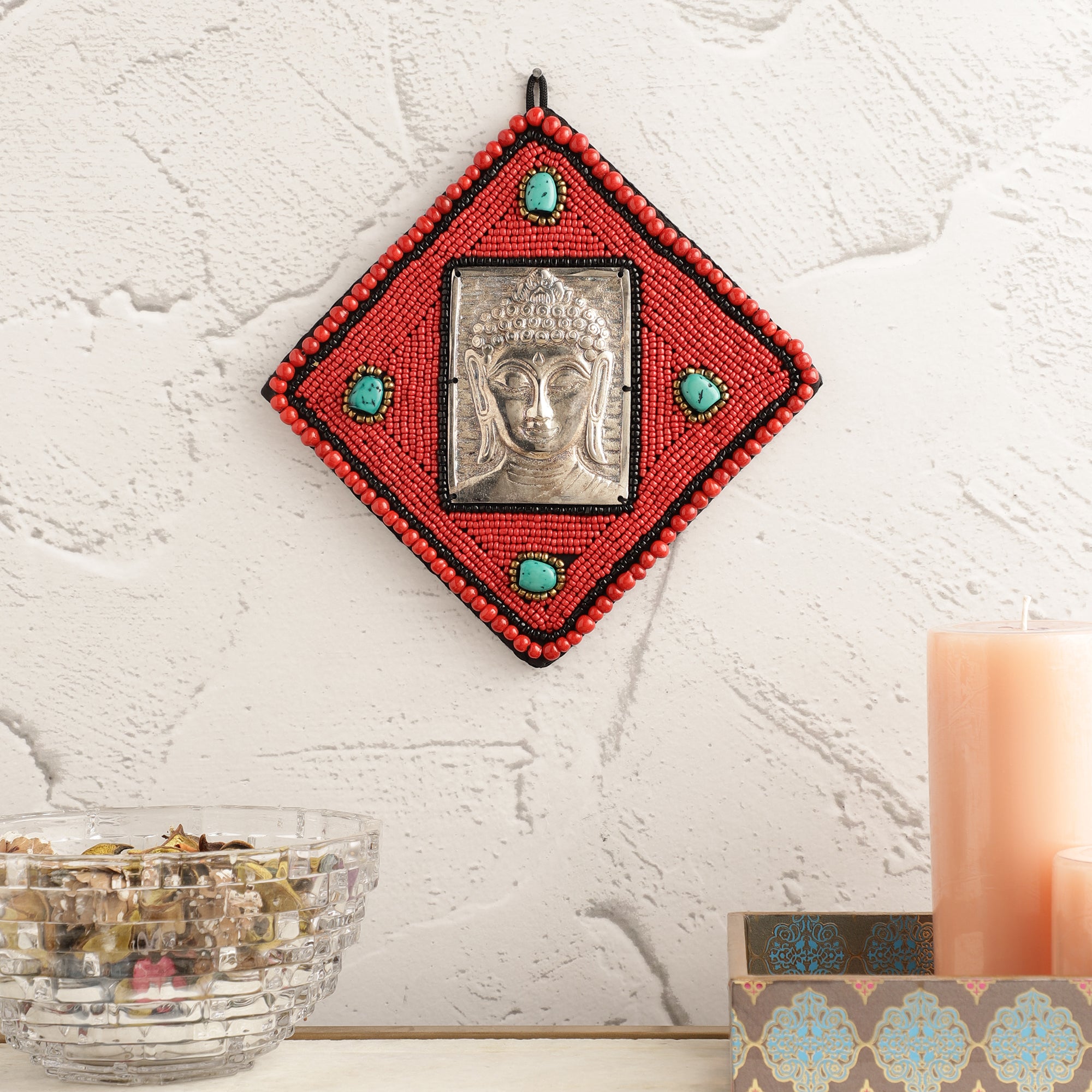 Red Beads and Stone Square Buddha Metal Wall Art