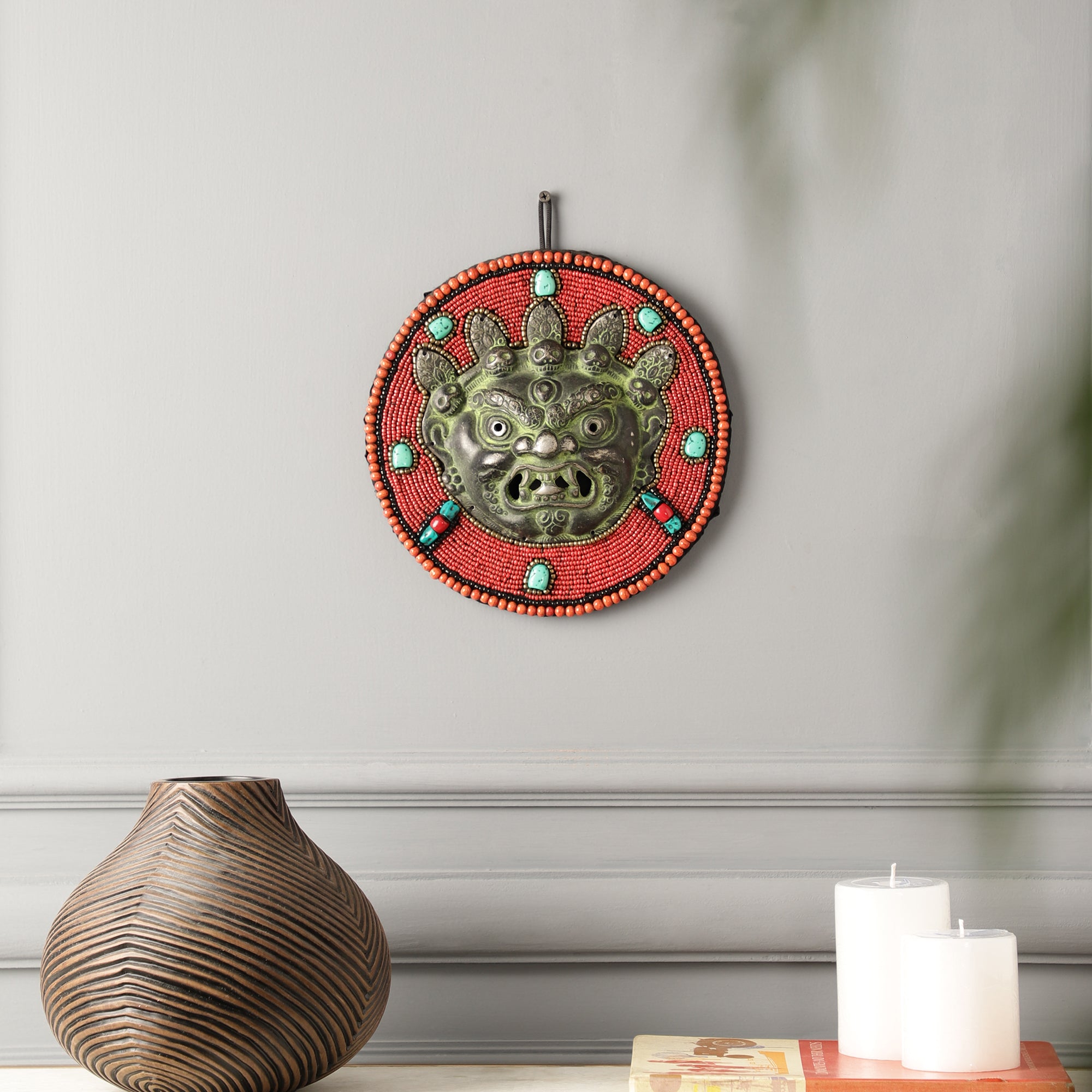 Red Beads and Stone Tribal Metal Wall Art