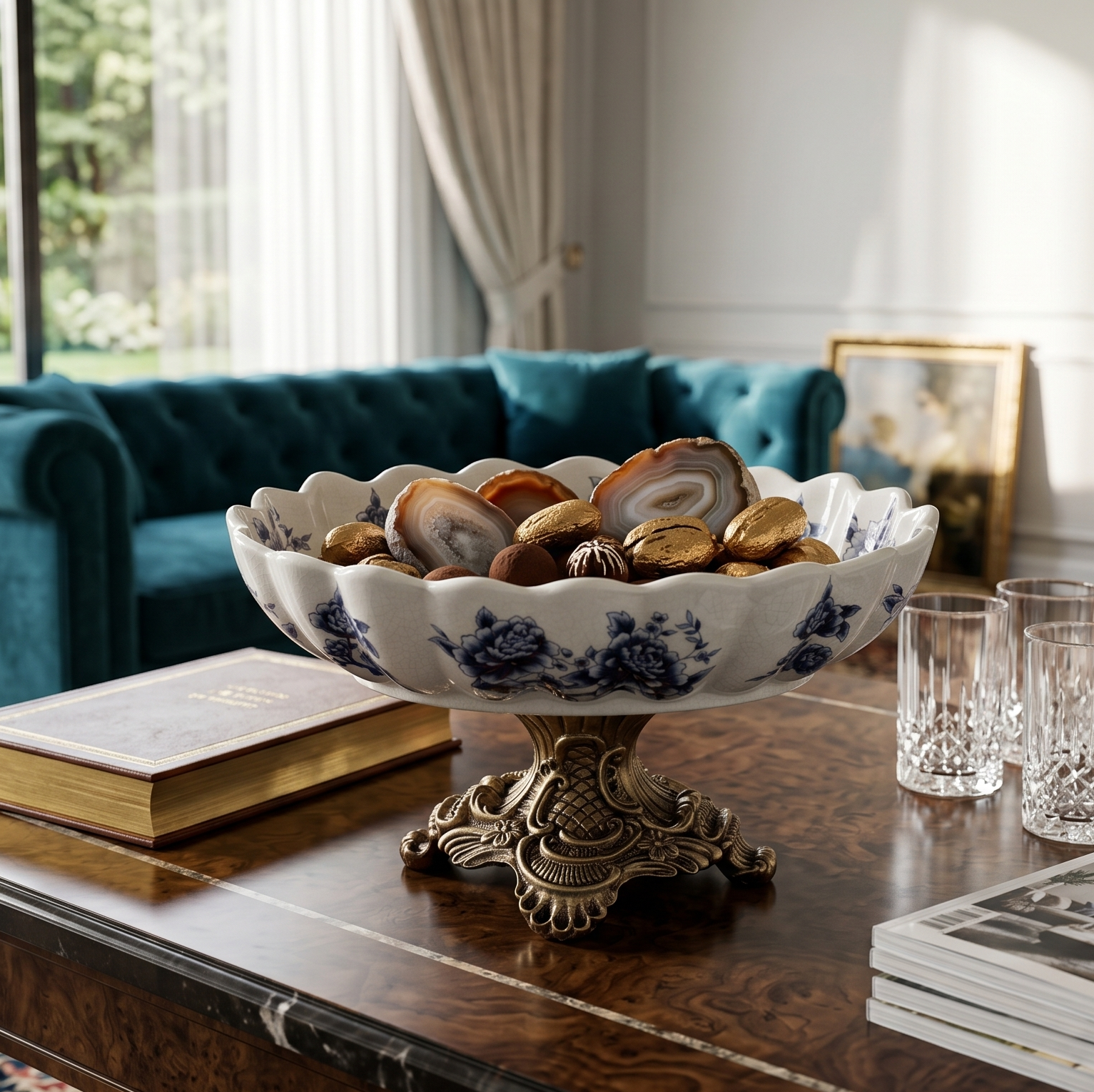 Blue Regal Round Bowl With Gold Base (Large)