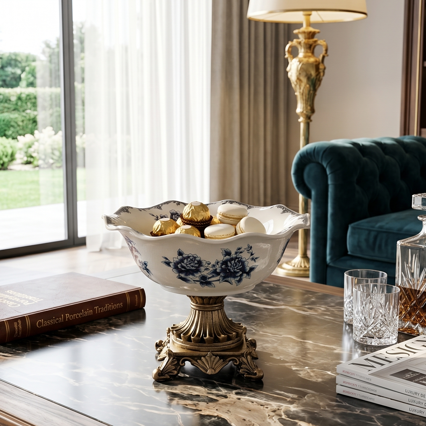 Blue Round Ceramic Bowl With Gold Base (Large)