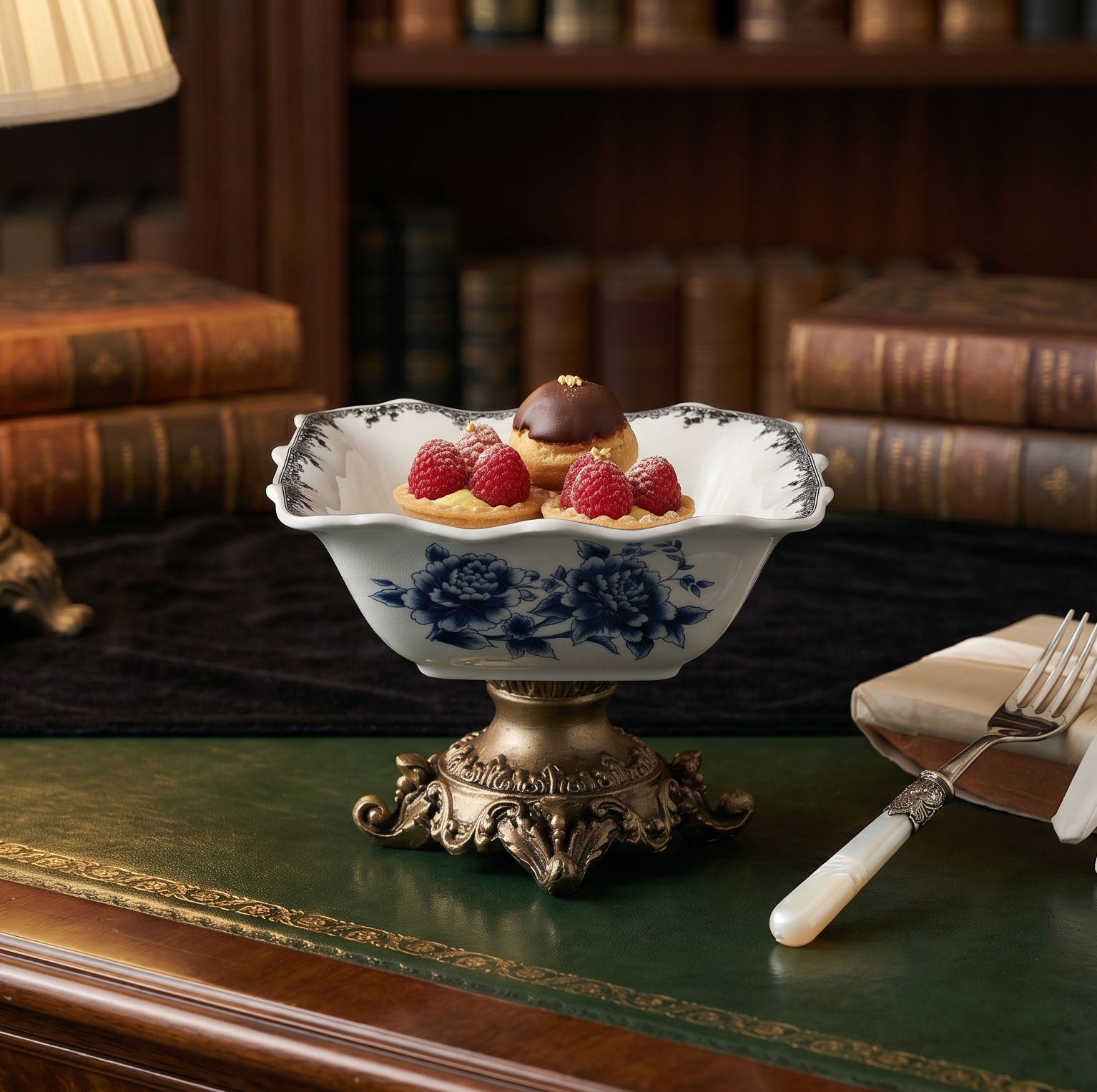 Blue Square Ceramic Bowl With Gold Base