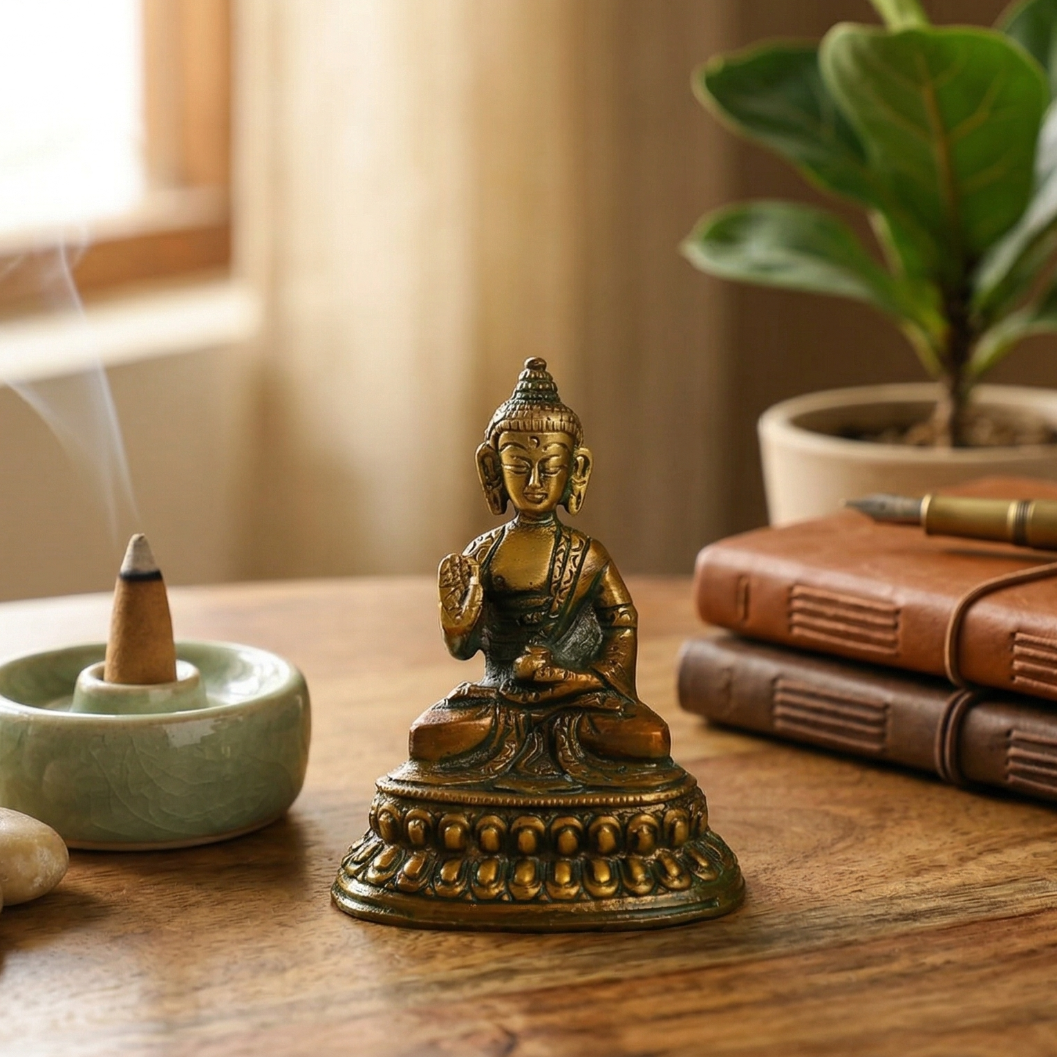 Brass Seated Buddha (Brown/Green)