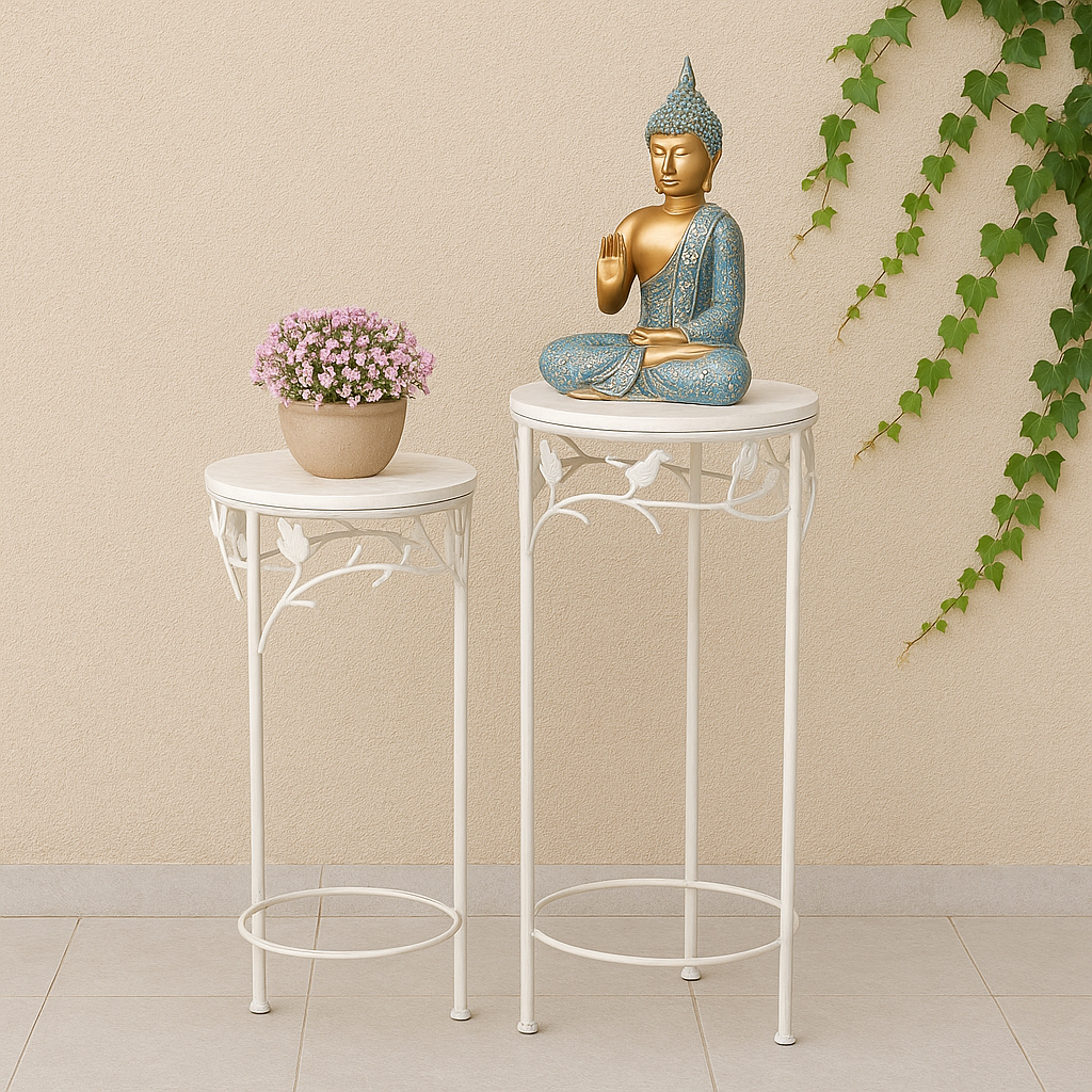 Round Bird Pattern Wood & Metal Tables (Set of 2)