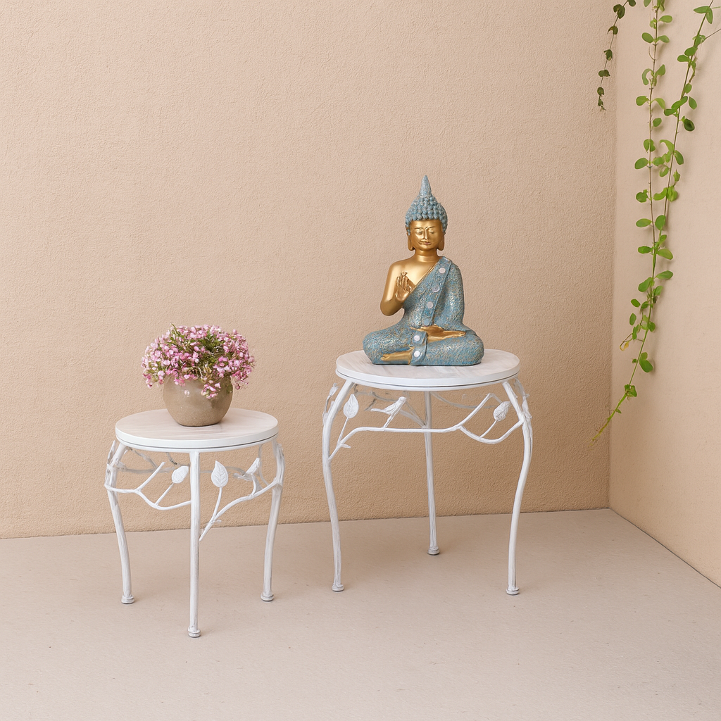 Round Bird Pattern Wood & Metal Short Tables (Set of 2)