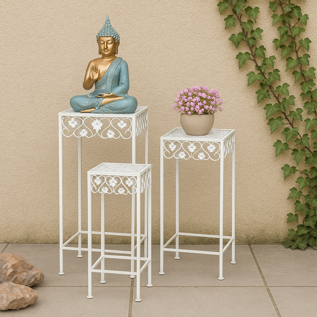 White Meshed Pattern Outdoor Tables (Set of 3)