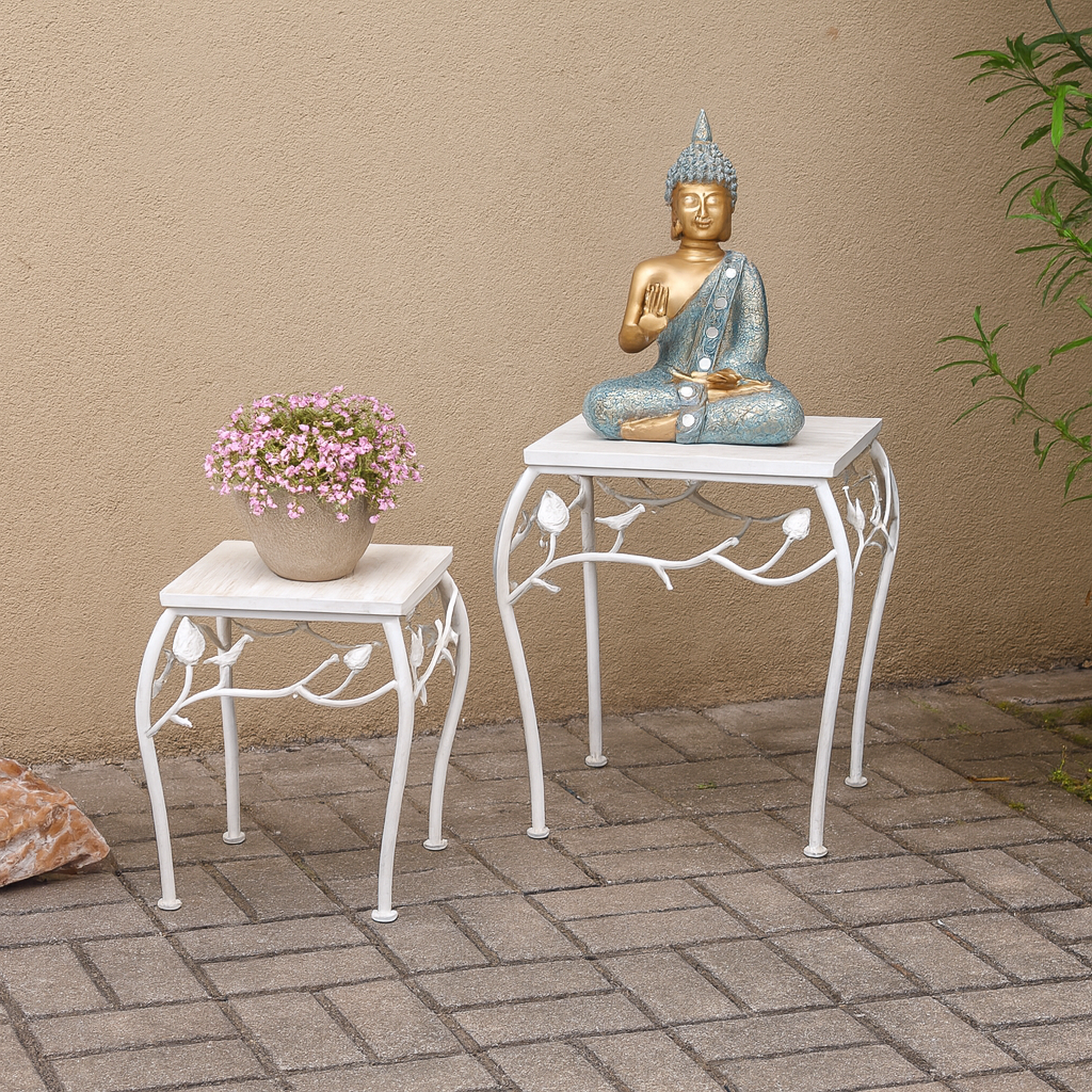 Square Bird Pattern Wood & Metal Short Tables (Set of 2)