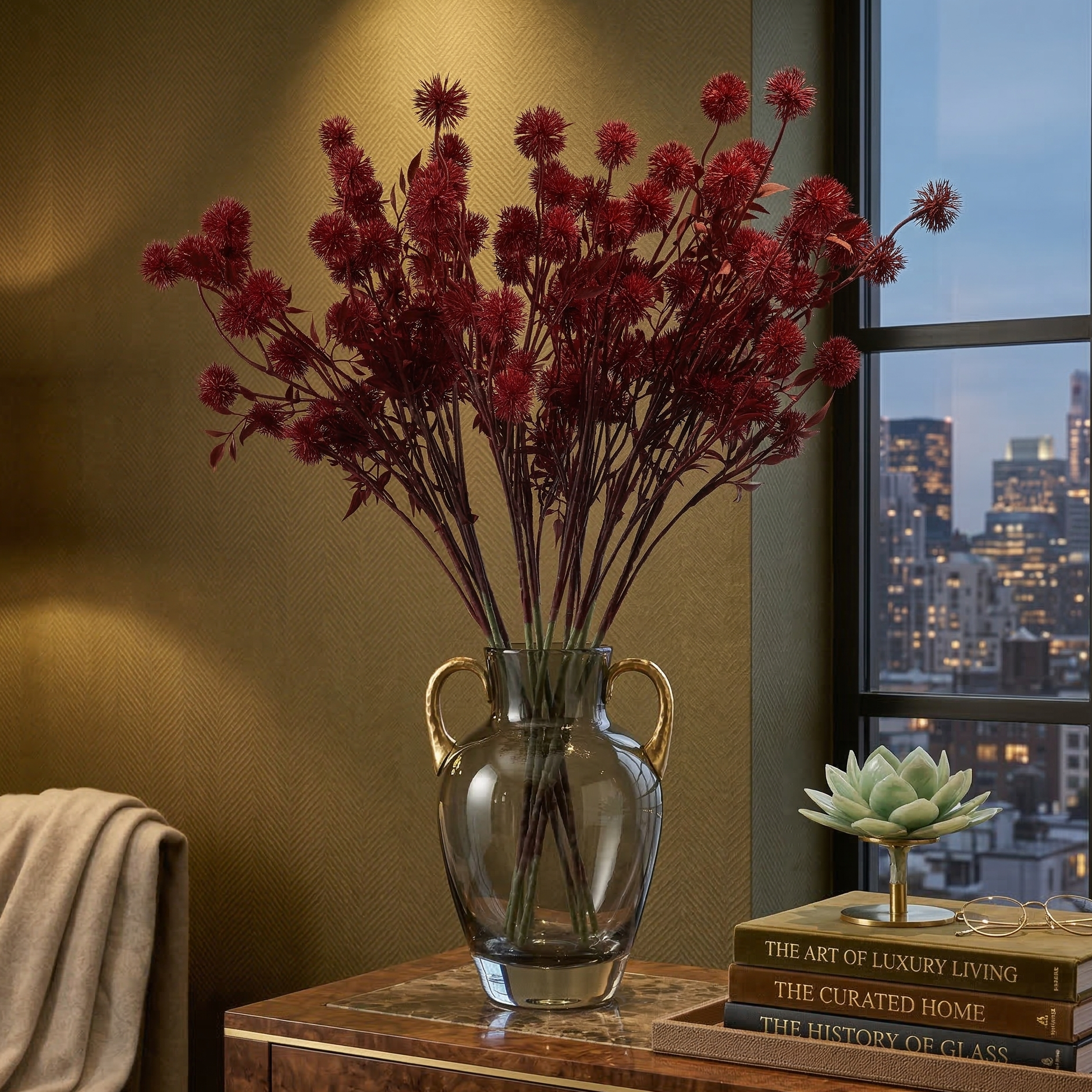 Faux Deep Red Globe Thistle Stem (Single)