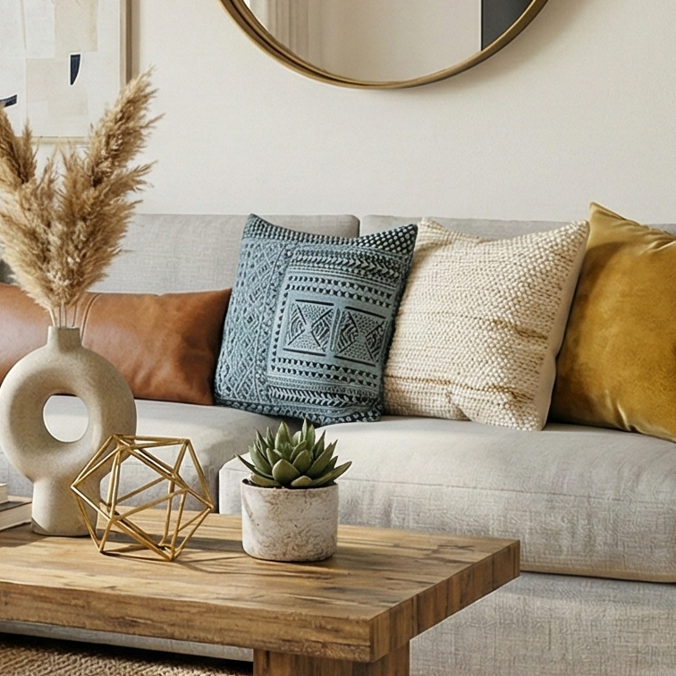 Embroidered Contemporary Cushion Cover (Blue Check Design)