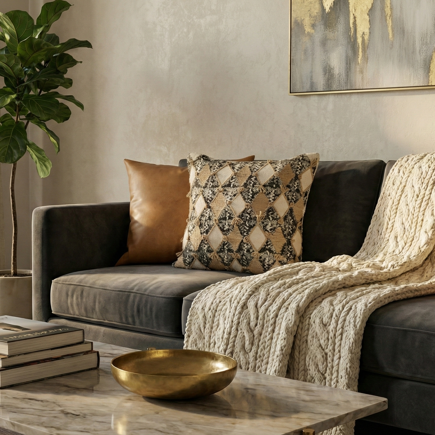 Embroidered Contemporary Cushion Cover (Beige Diamonds)