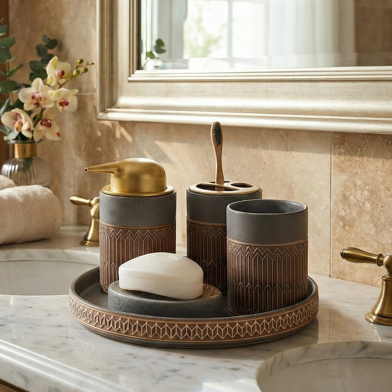 Aztec Pattern 5 Piece Bath Set (Grey)