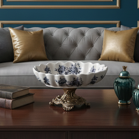 Blue Regal Round Bowl With Gold Base (Large)