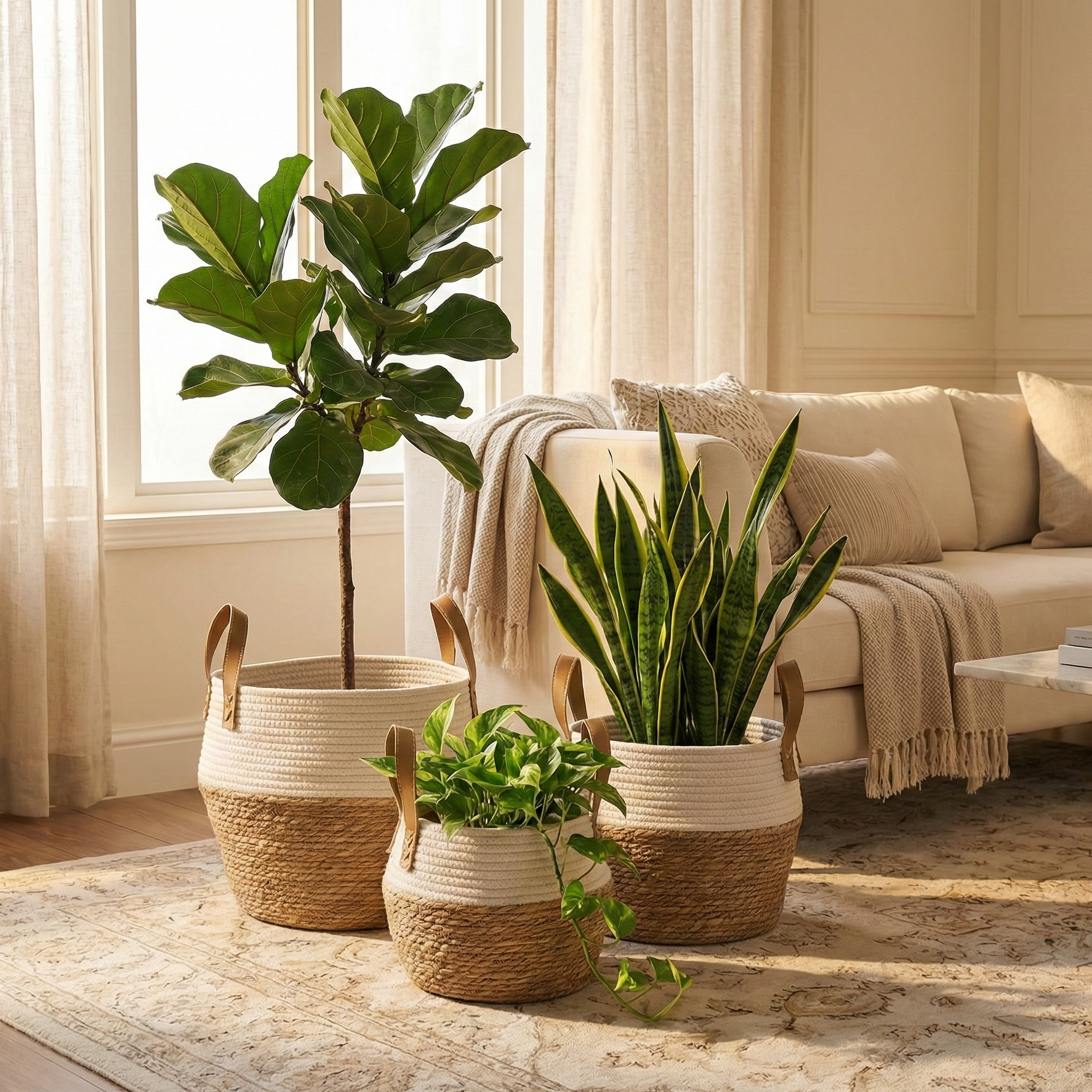Jute and Fabric Plant Baskets with Handle (Set of 3) - White