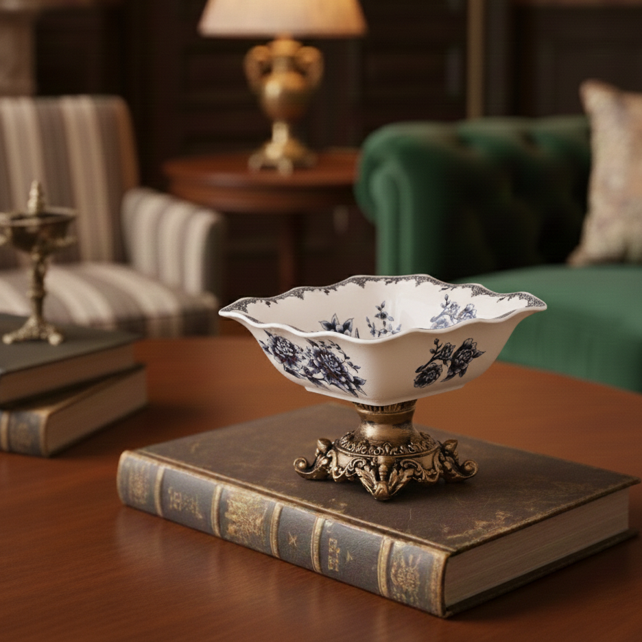 Blue Square Ceramic Bowl With Gold Base
